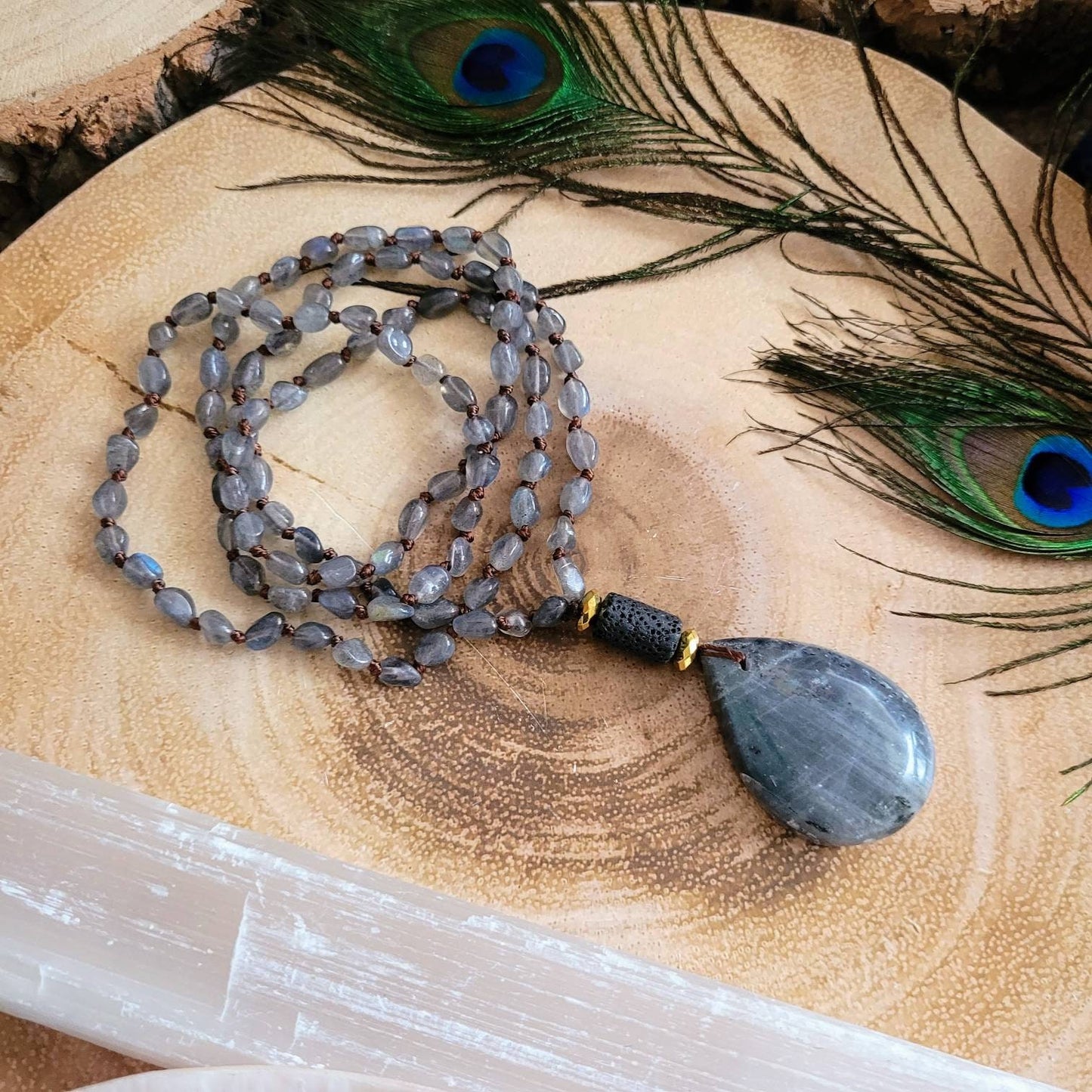 labradorite necklace teardrop pendant knotted crystal healing natural stone jewellery witchy gift for him or her gemstone jewelry