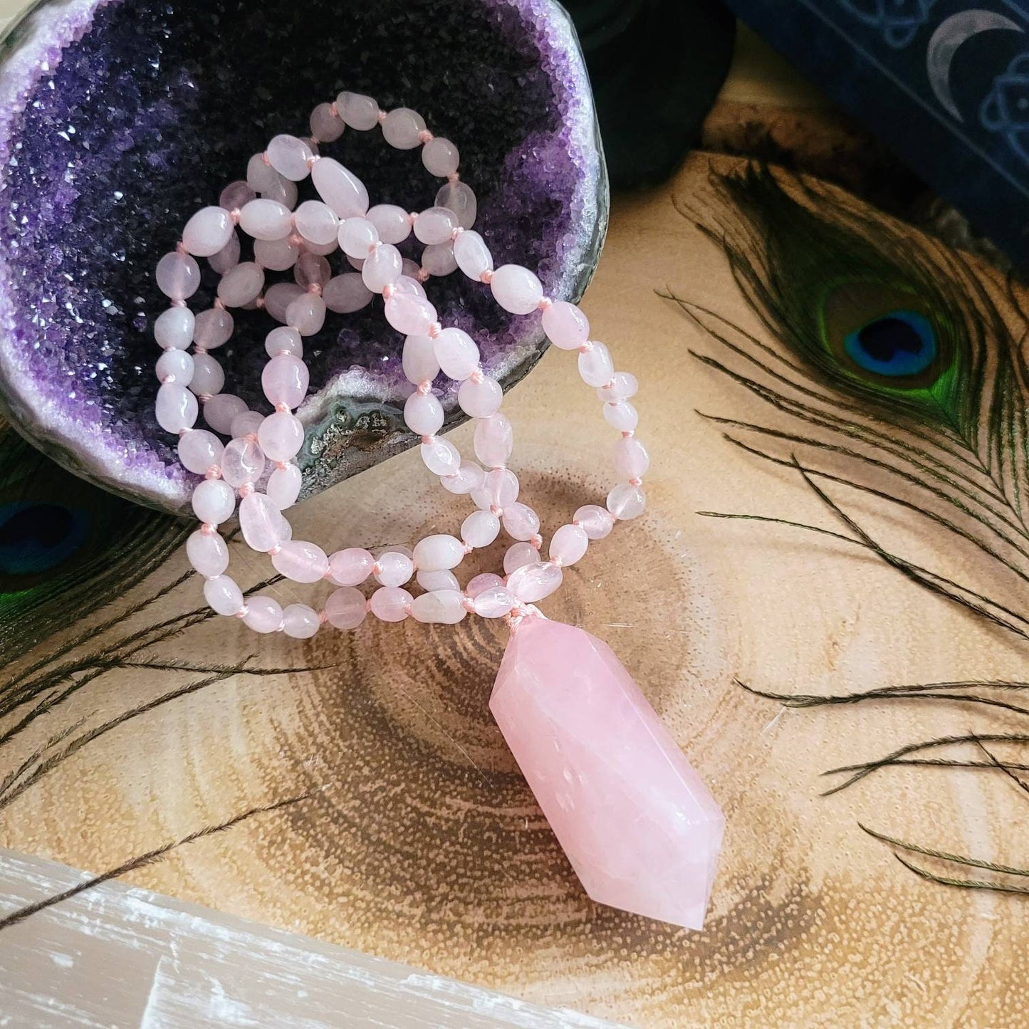 Rose Quartz Necklace with large double terminated Point pendant Crystal healing witchy jewellery gift for her heart chakra stone