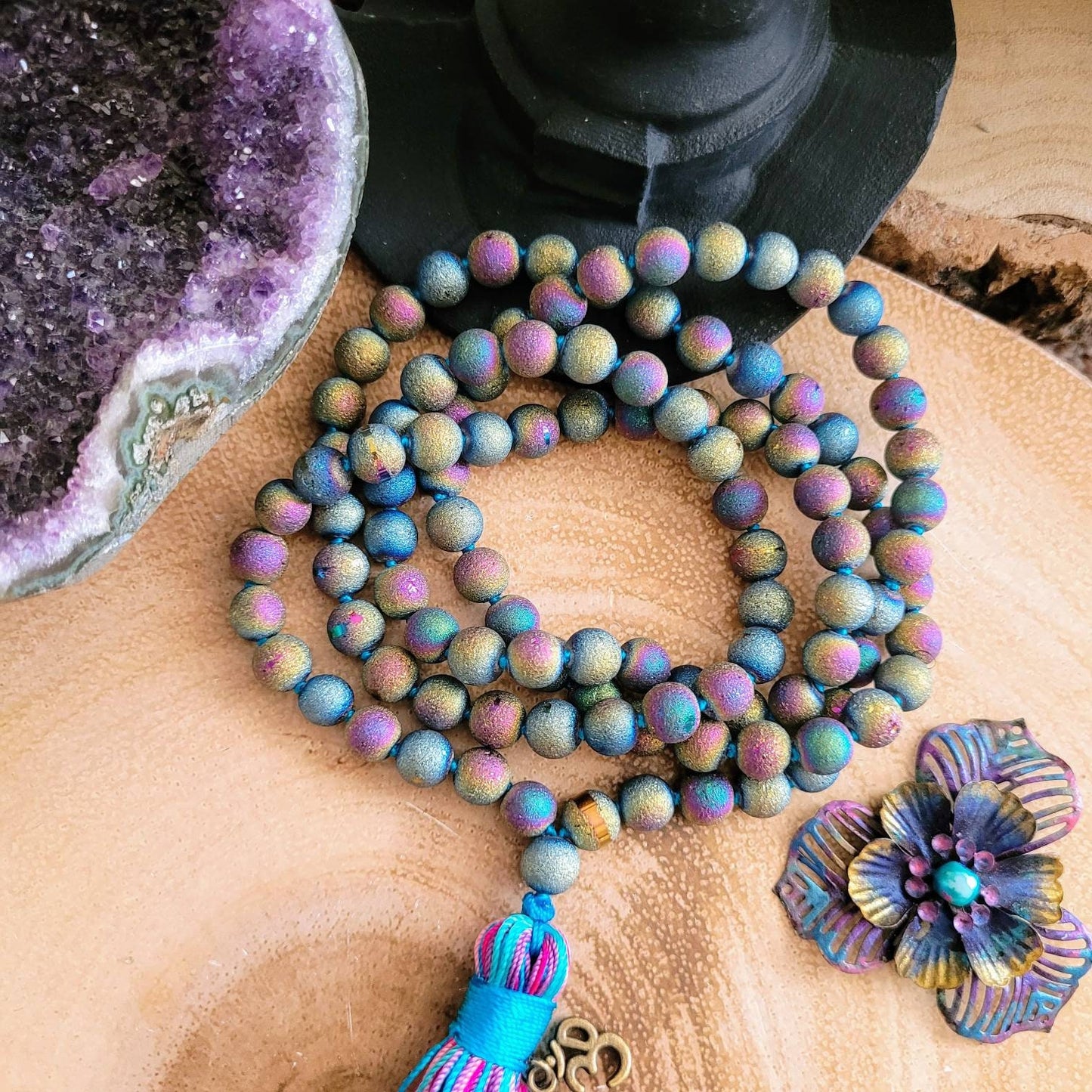 Rainbow Druzy agate mala necklace knotted 108 beads crystal healing jewellery meditation jewelery gift for him or her