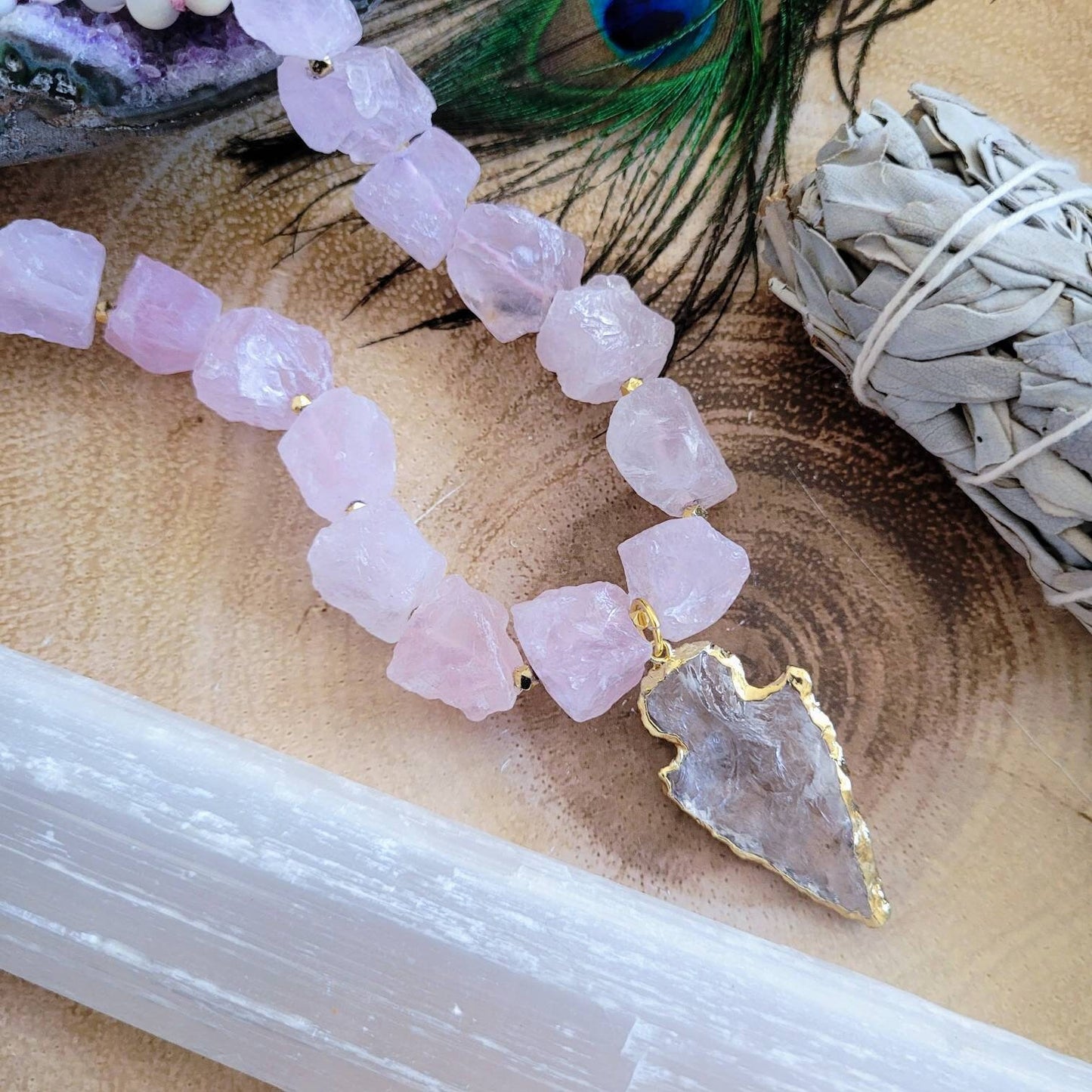 Rose Quartz and pearl necklace with clear quartz arrow head Knotted Crystal healing heart chakra jewellery pink necklace for women