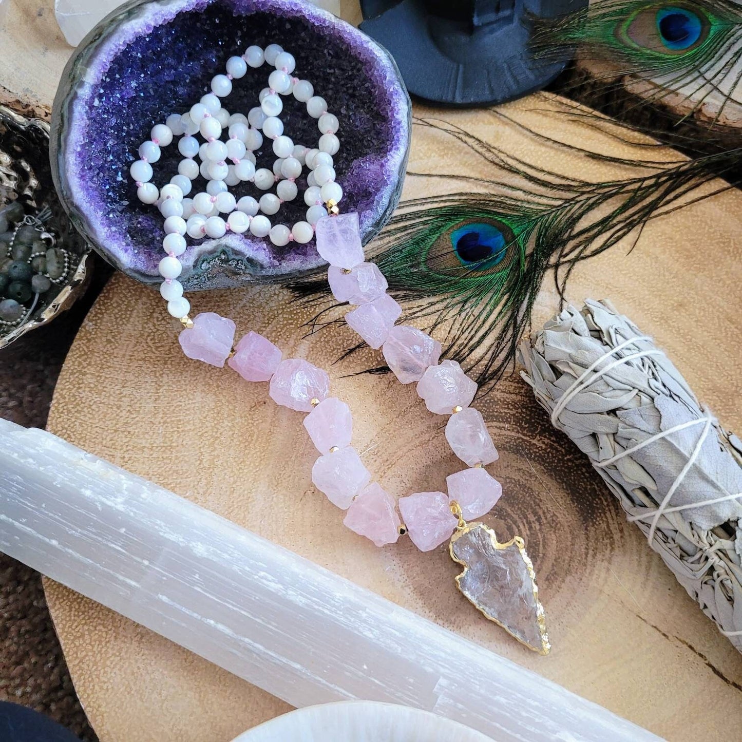 Rose Quartz and pearl necklace with clear quartz arrow head Knotted Crystal healing heart chakra jewellery pink necklace for women