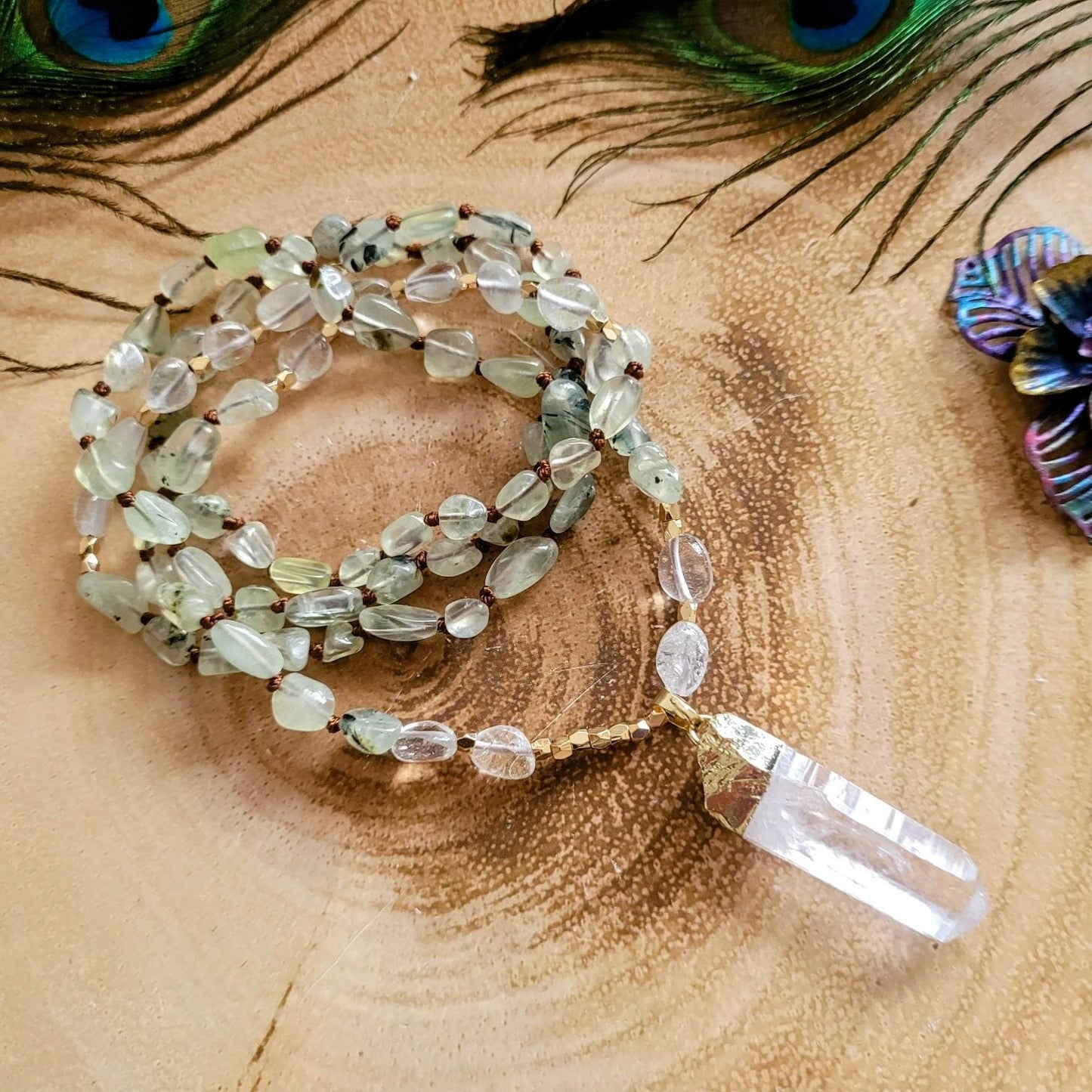 Prehnite necklace with Clear Quartz point pendant gift for him or her heart chakra jewellery for men or women witchy jewelry