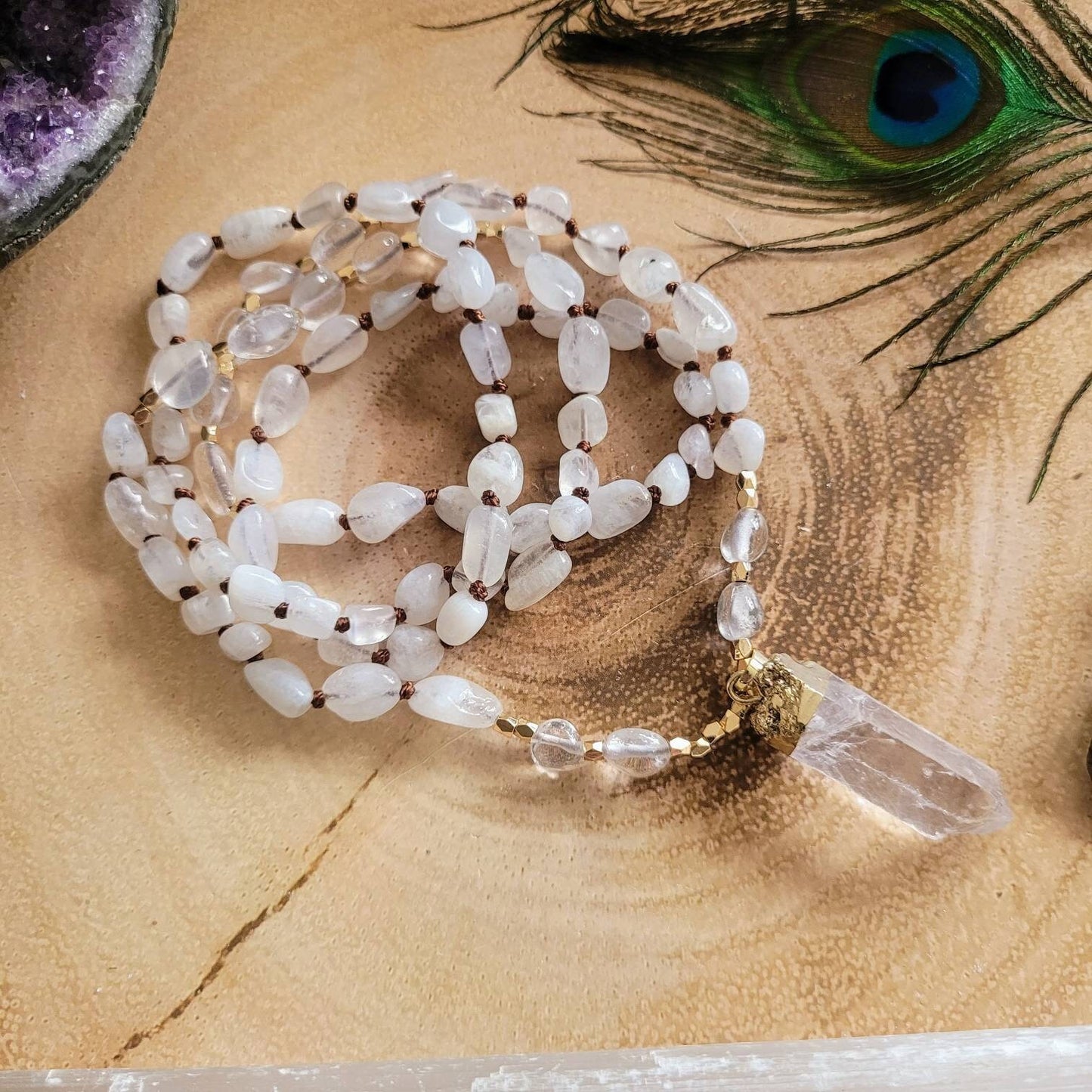 White moonstone necklace with clear quartz point pendant knotted mala crystal healing natural stone gift for her witchy jewellery for women