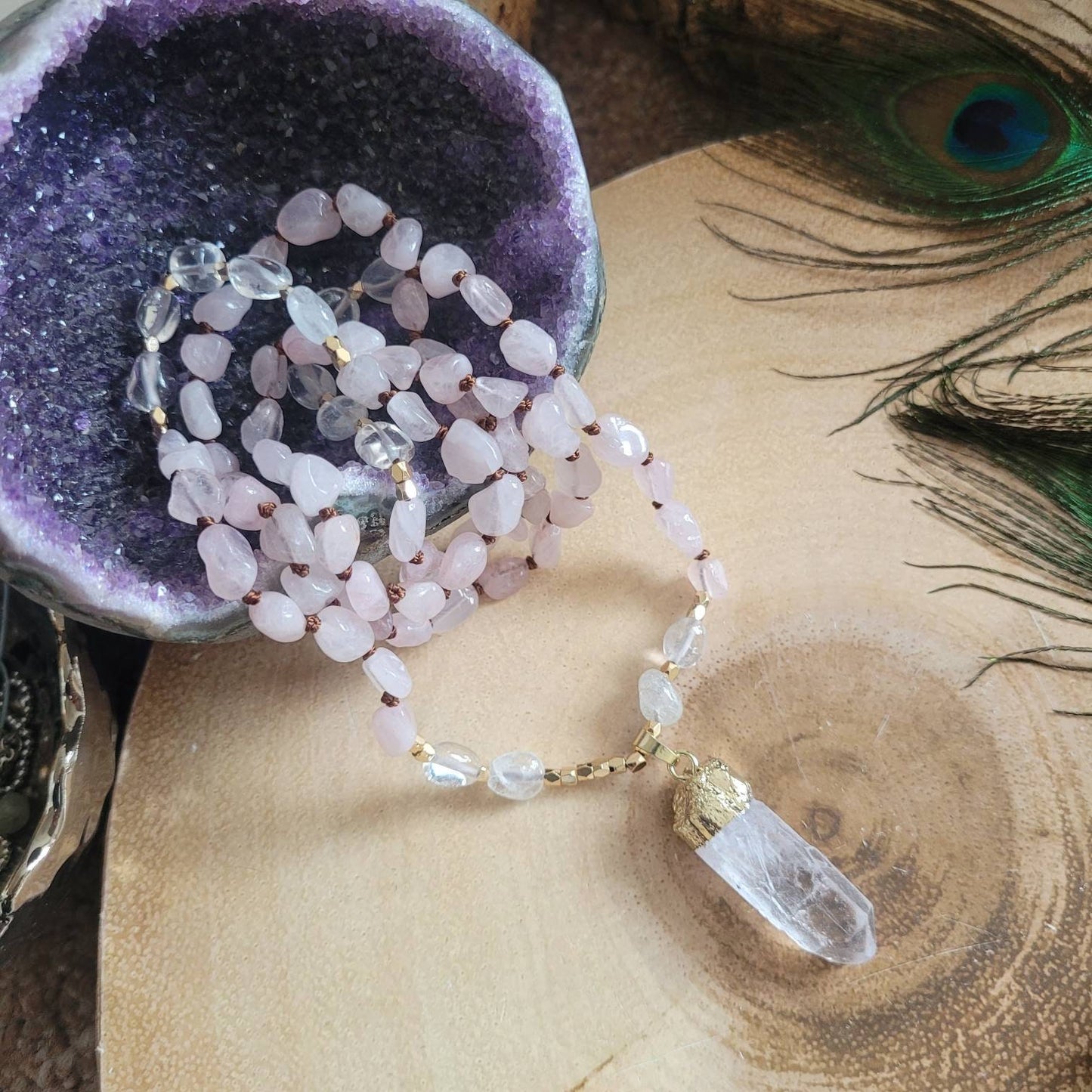 Rose Quartz necklace with clear quartz pendant Knotted crystal healing gift for her witchy jewellery heart chakra jewelry for her