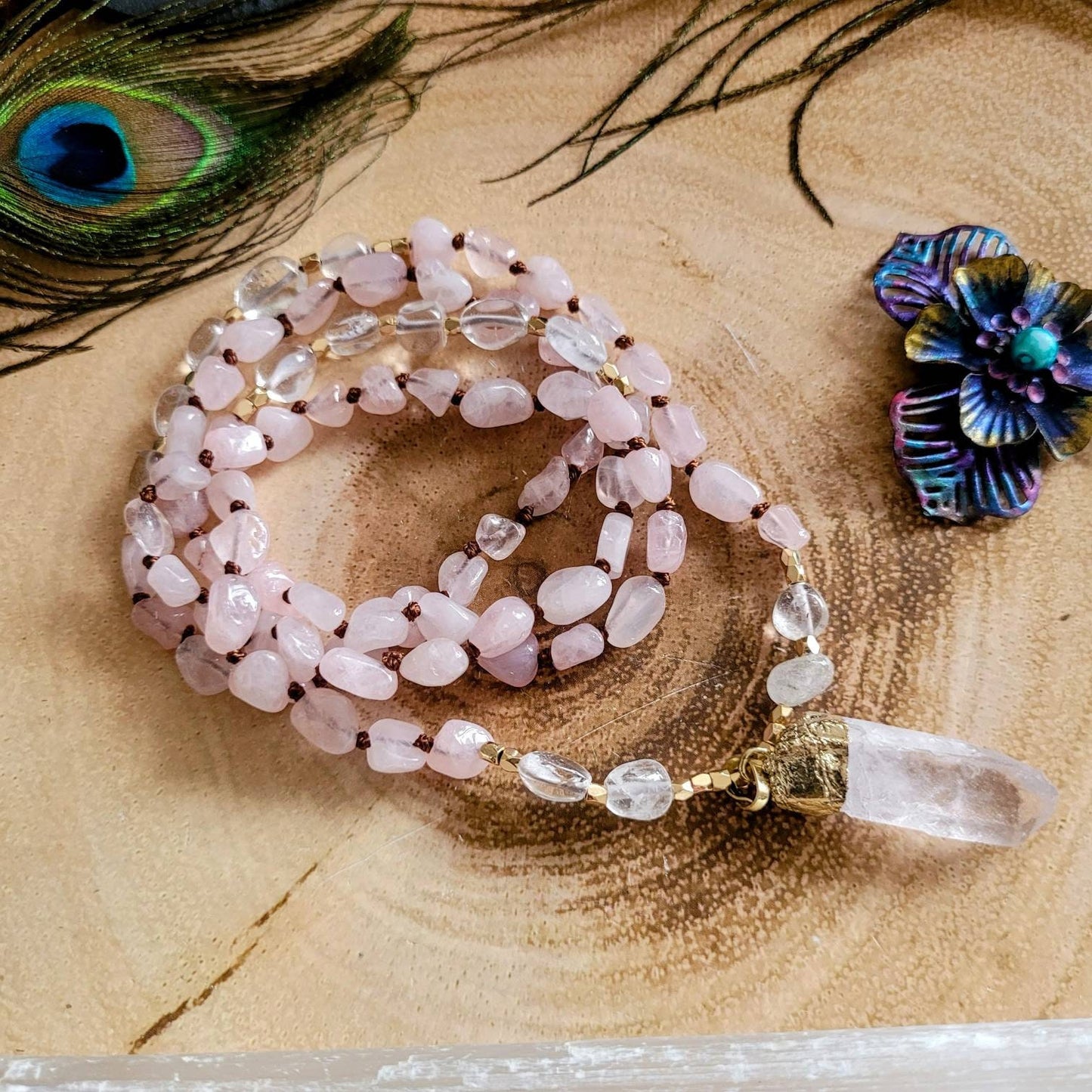 Rose Quartz necklace with clear quartz pendant Knotted crystal healing gift for her witchy jewellery heart chakra jewelry for her