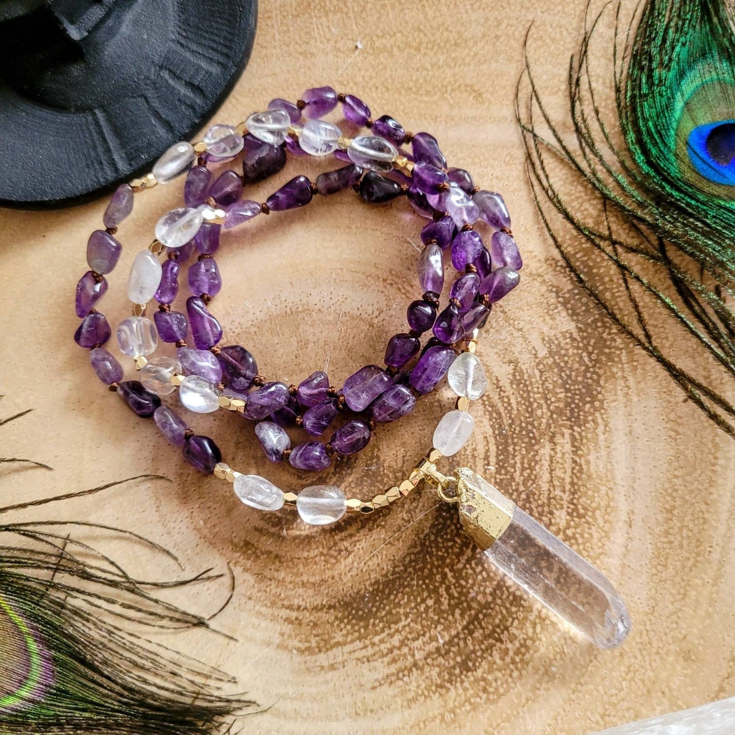 Amethyst necklace Knotted with Raw Clear Quartz Point crystal healing mala gift for her third eye jewellery for women