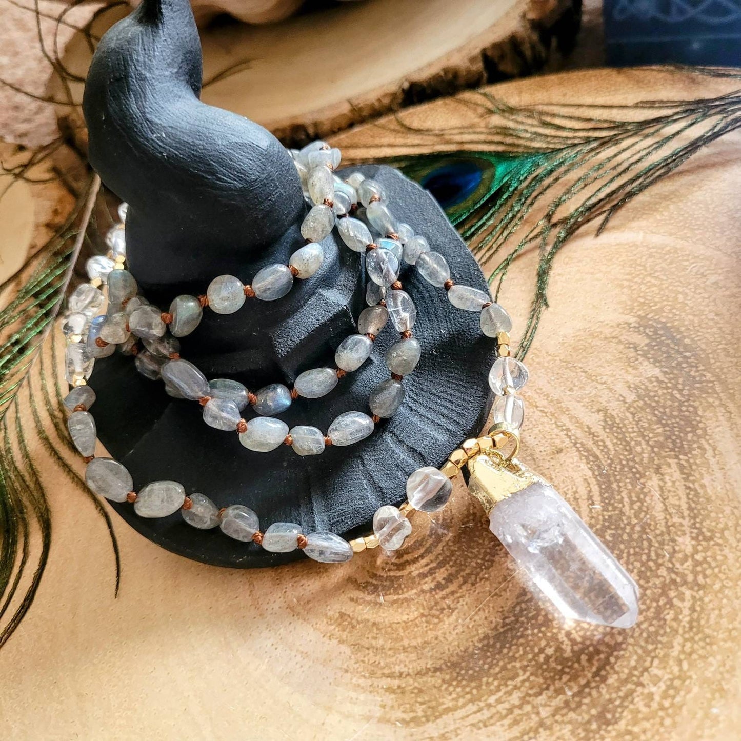 Labradorite necklace with clear quartz point pendant knotted mala crystal healing natural stone gift for her witchy jewellery for women