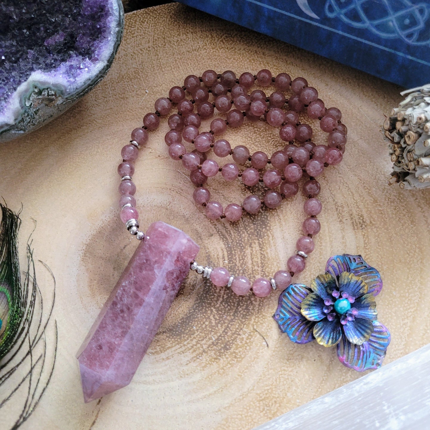 Strawberry quartz necklace with large point pendant knotted Crystal healing gift for her jewellery for women witchy jewelry