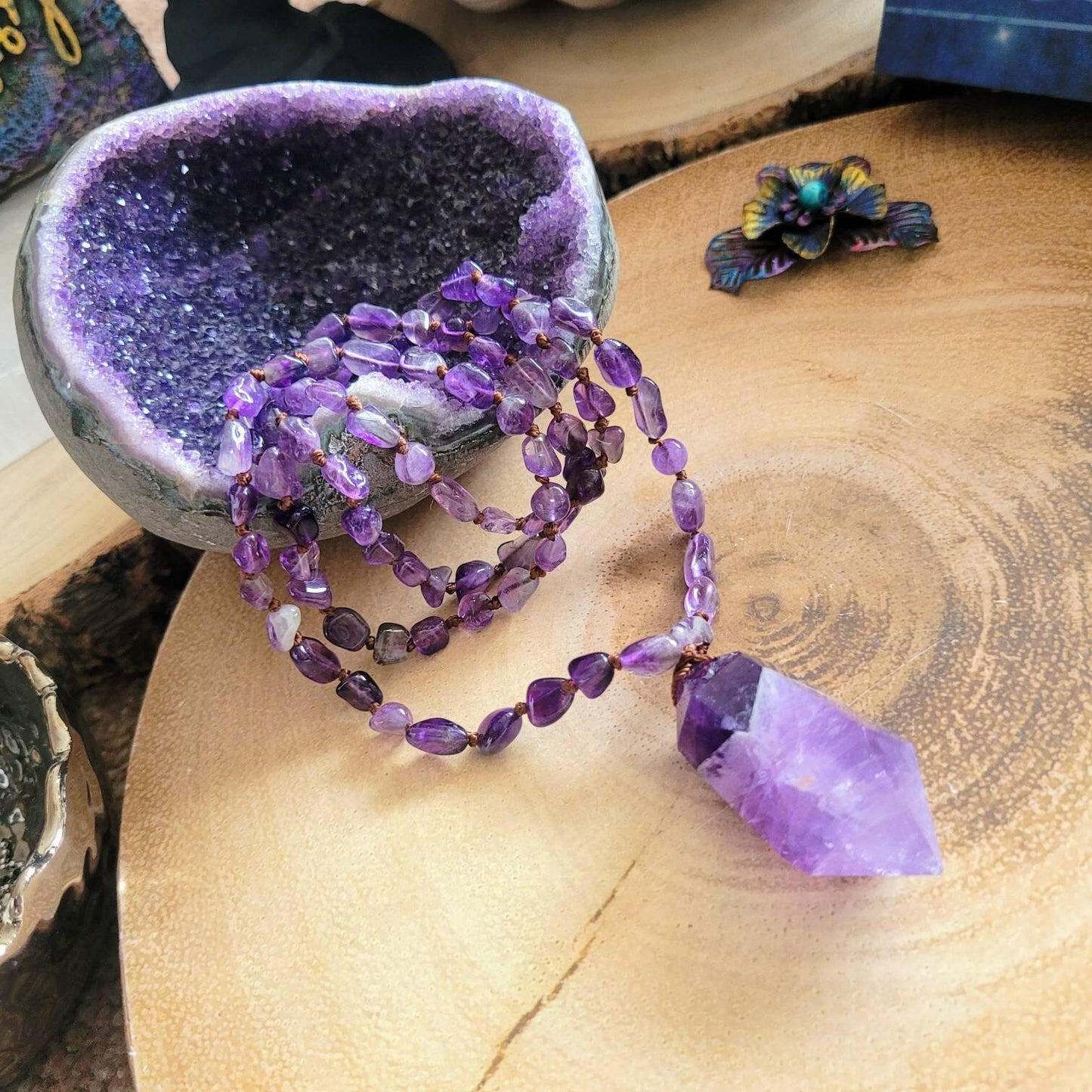 Amethyst Knotted Mala Necklace with double terminated Point crystal healimg gift for her third eye chakra jewellery for men or women