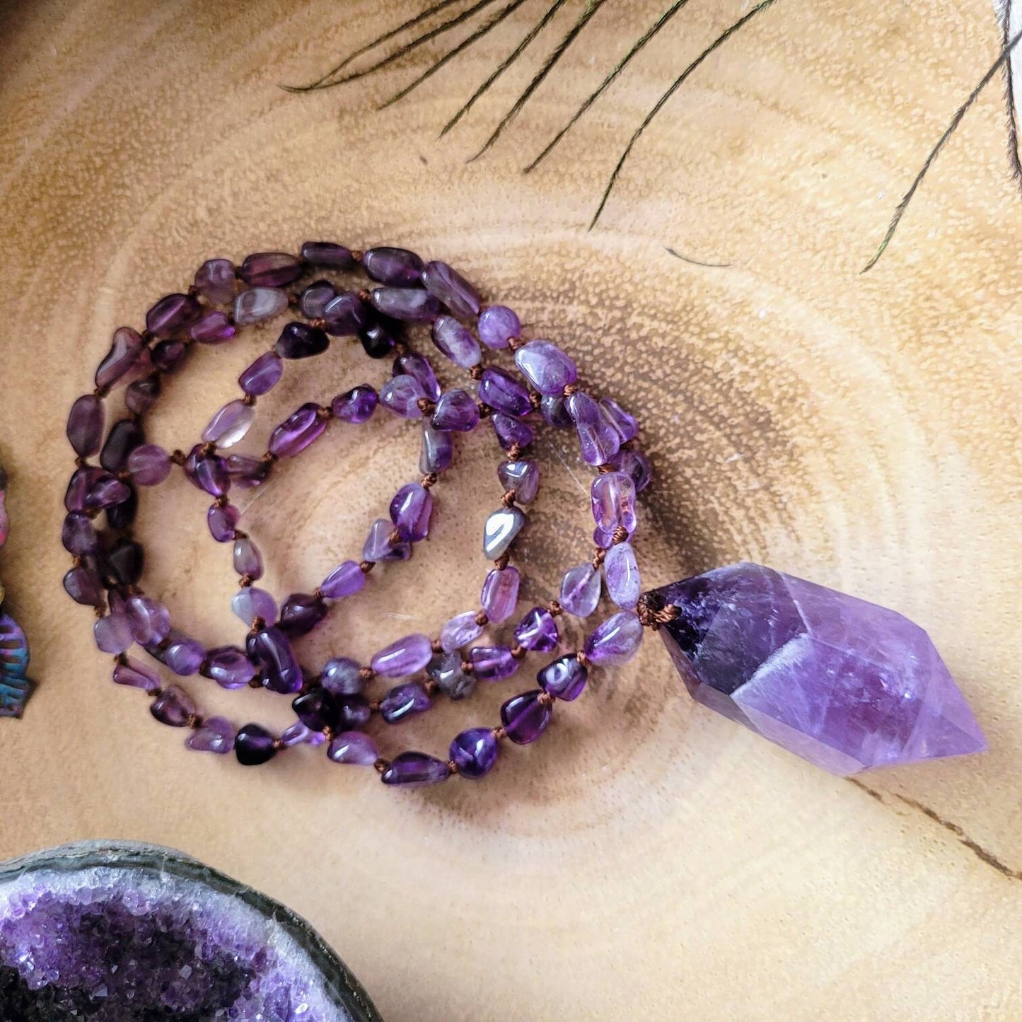 Amethyst Knotted Mala Necklace with double terminated Point crystal healimg gift for her third eye chakra jewellery for men or women