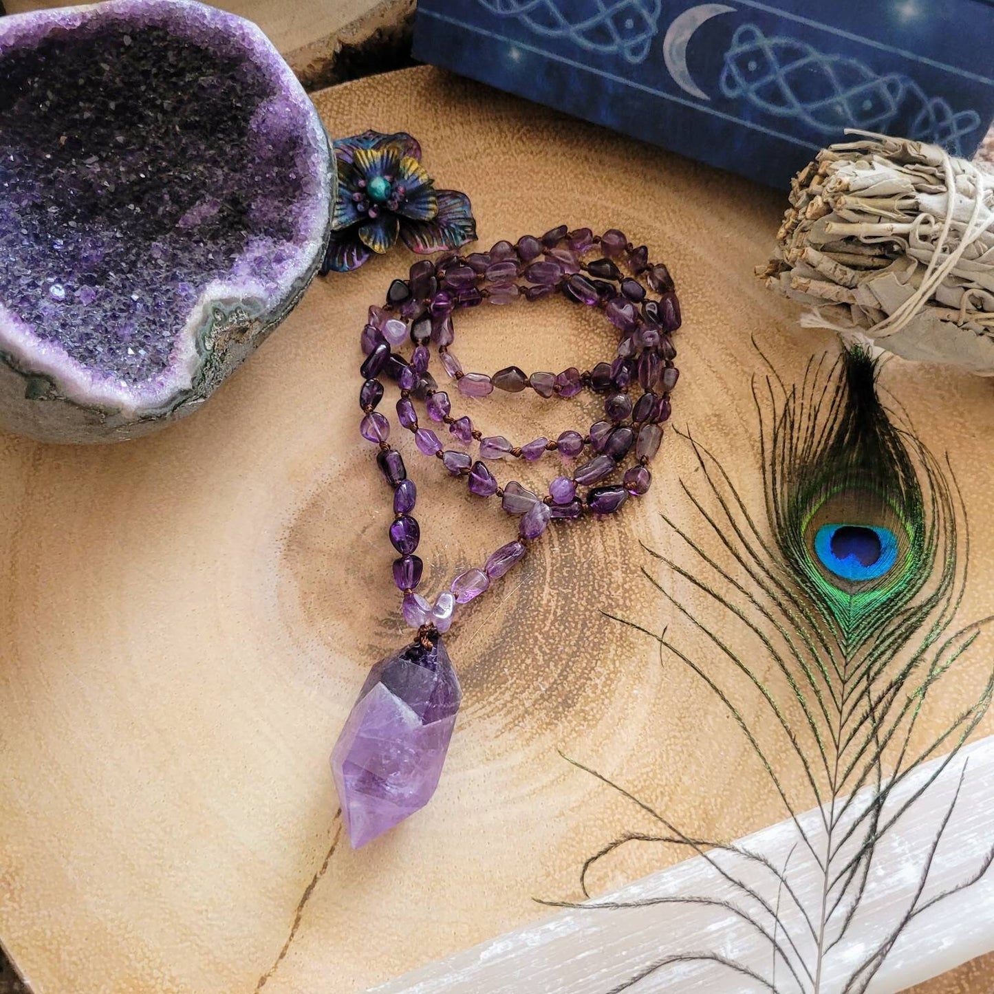 Amethyst Knotted Mala Necklace with double terminated Point crystal healimg gift for her third eye chakra jewellery for men or women