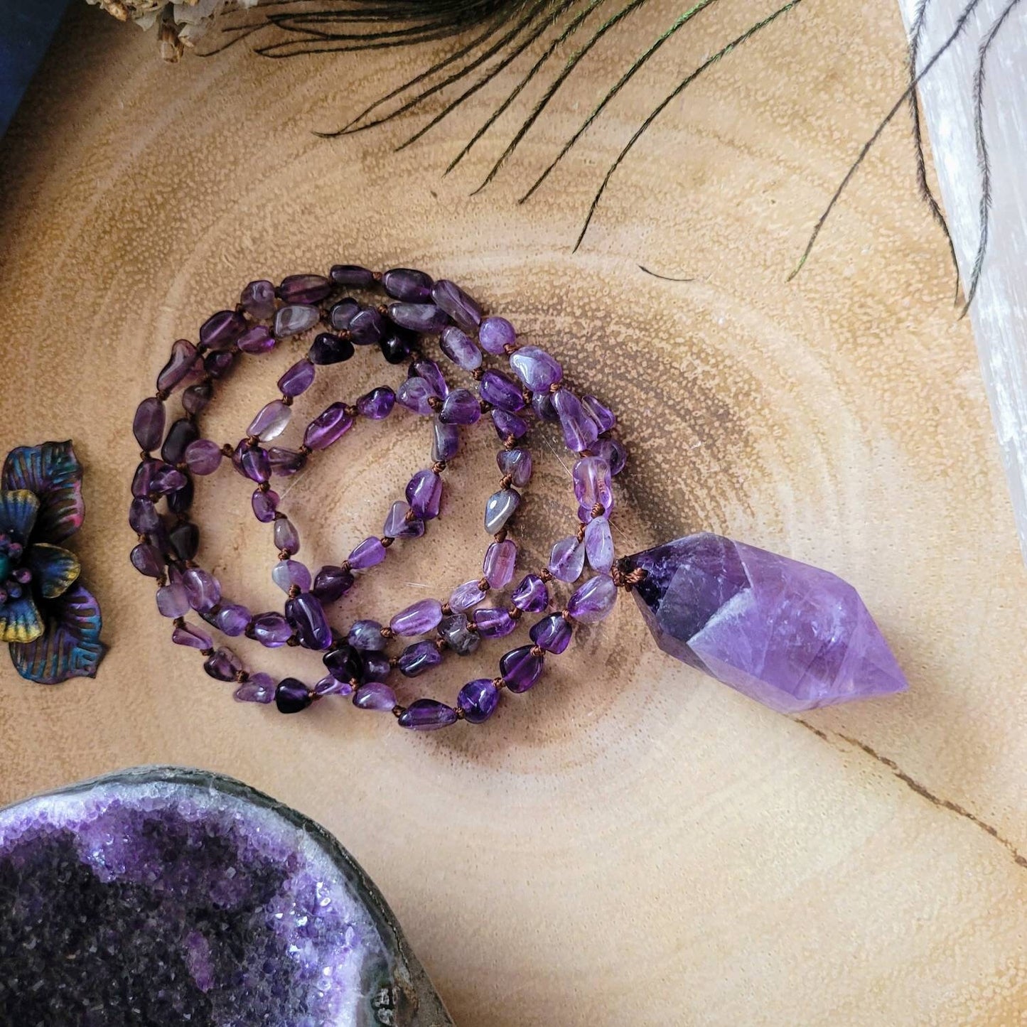 Amethyst Knotted Mala Necklace with double terminated Point crystal healimg gift for her third eye chakra jewellery for men or women