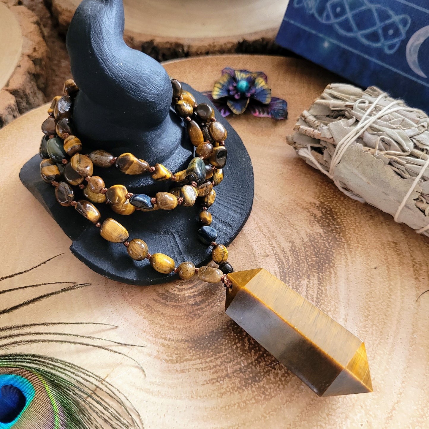 Tigers eye Knotted Mala Necklace with double terminated Point crystal healing gift for him or her root chakra jewellery for men or women