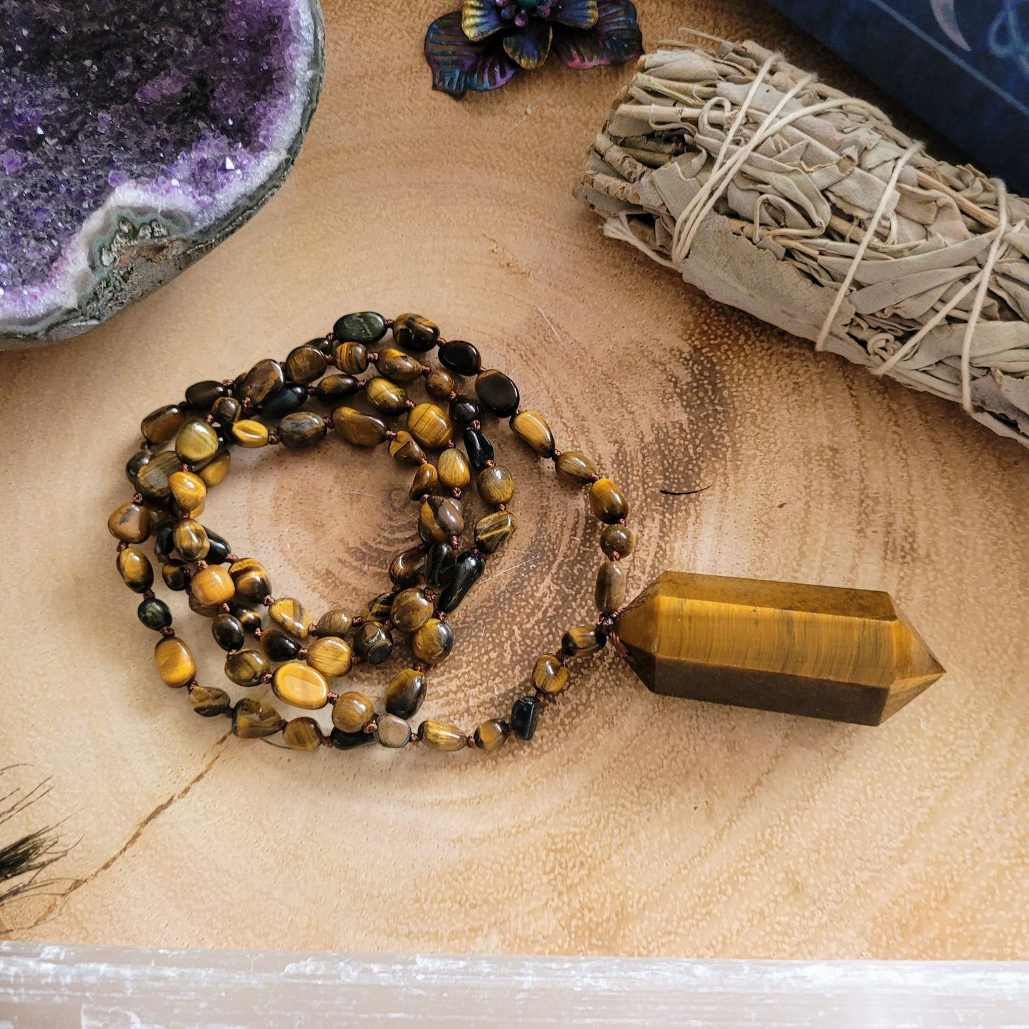 Tigers eye Knotted Mala Necklace with double terminated Point crystal healing gift for him or her root chakra jewellery for men or women