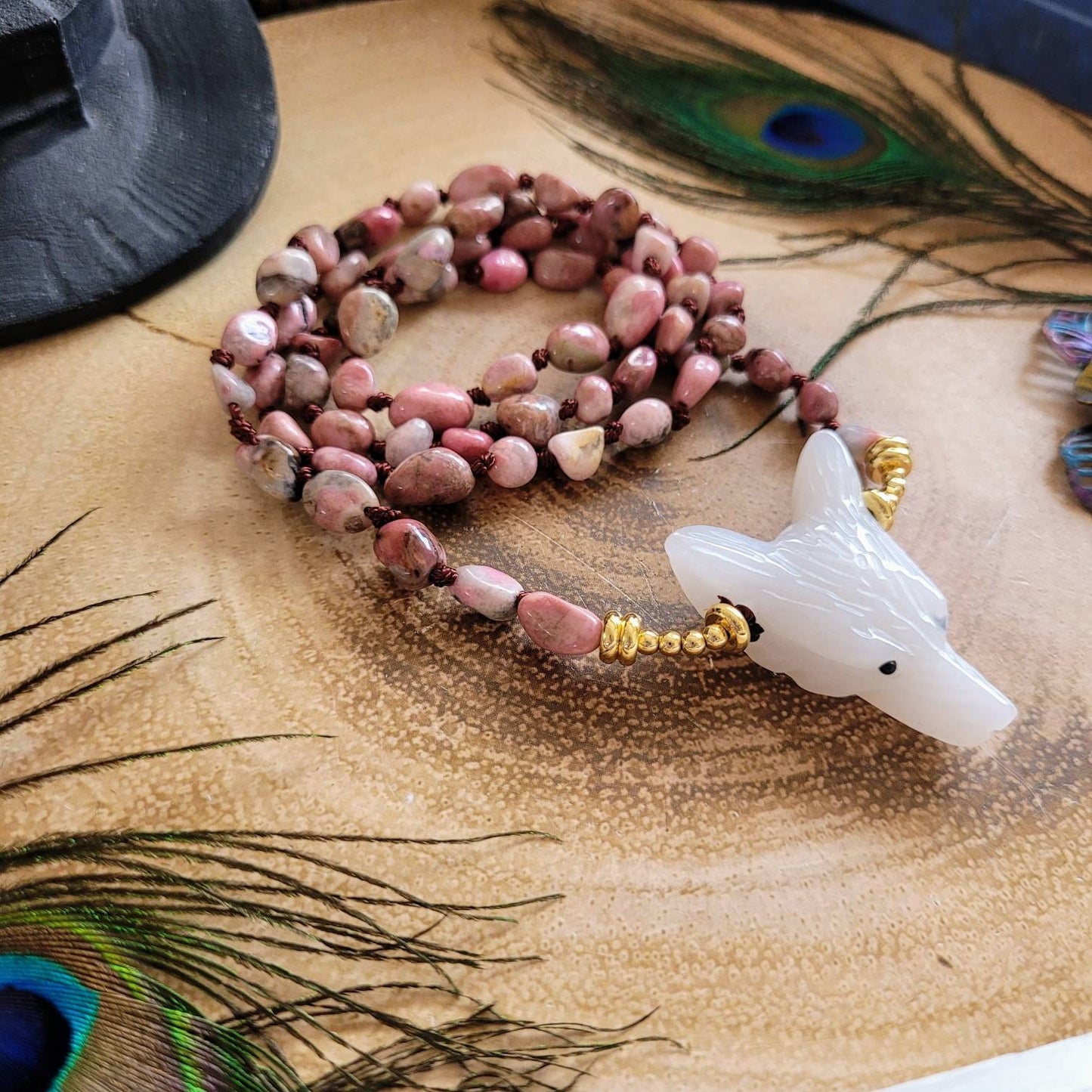 Rhodonite necklace with white jade wolf head knotted Crystal healing jewellery gift for her natural stone witchy jewelry