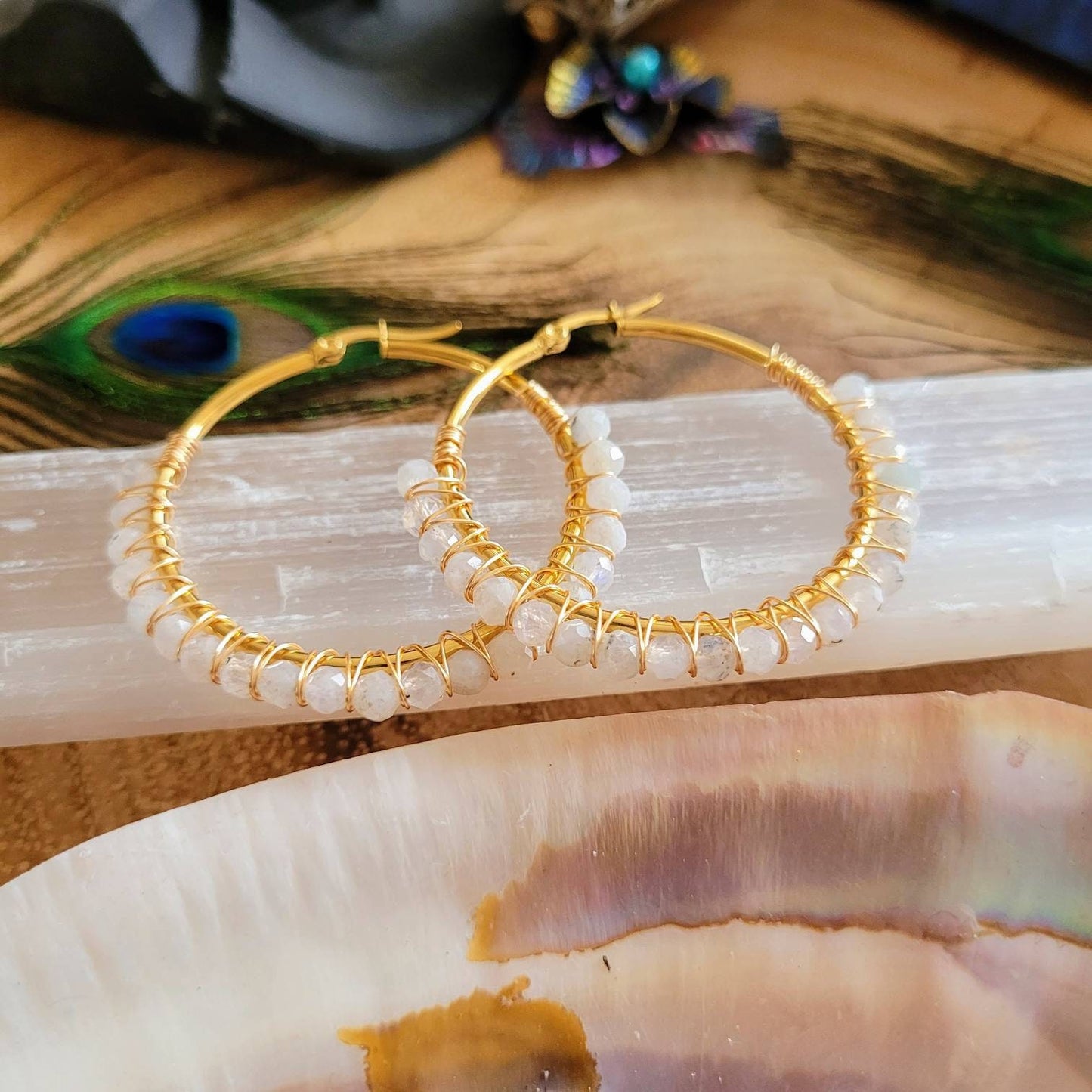 Rainbow Moonstone earrings large hoop crystal healing  jewellery natural stone gemstone jewelry gift for her