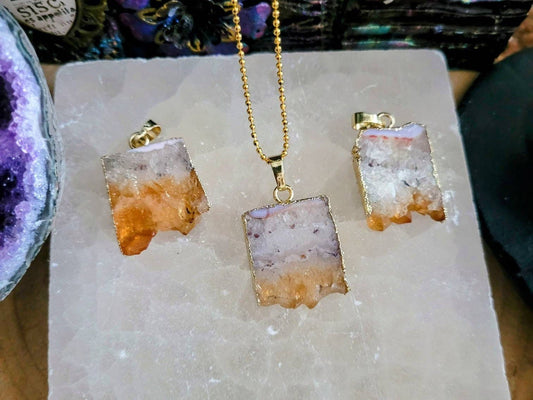 Citrine Necklace pendant slice crystal healing jewelry solar plexus witchy jewellery gift for him or her