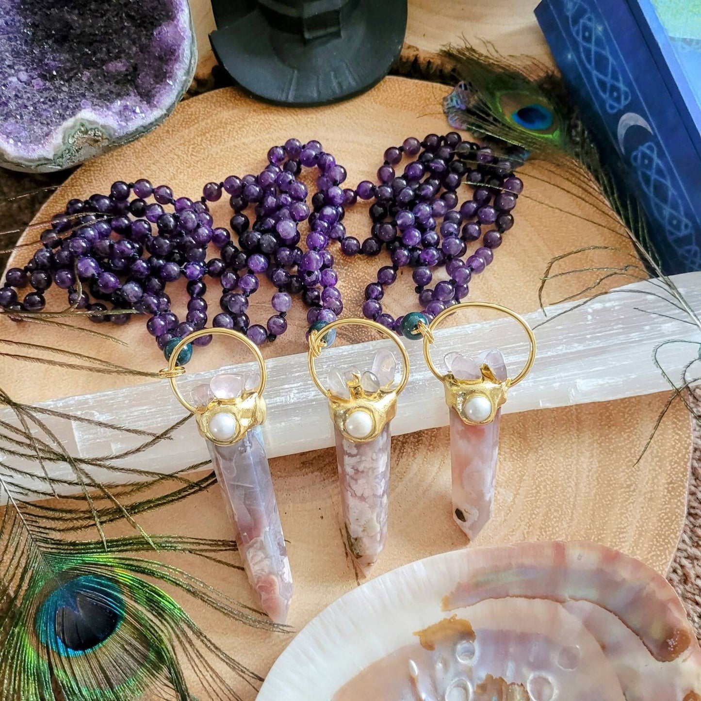 Amethyst knotted necklace flower agate point pendant natural stone crystal healing jewelry witchy statement jewellery gift for her