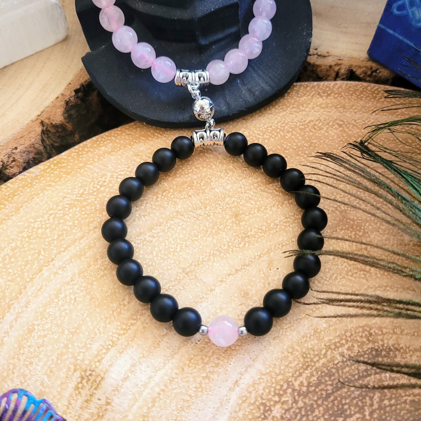 Rose Quartz and black onyx bracelet couples friendship with magnet charm crystal healing natural stone gift for him or her