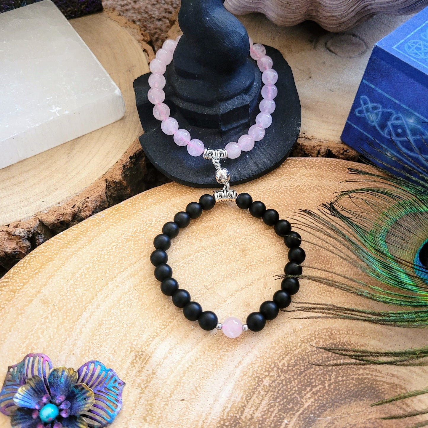 Rose Quartz and black onyx bracelet couples friendship with magnet charm crystal healing natural stone gift for him or her