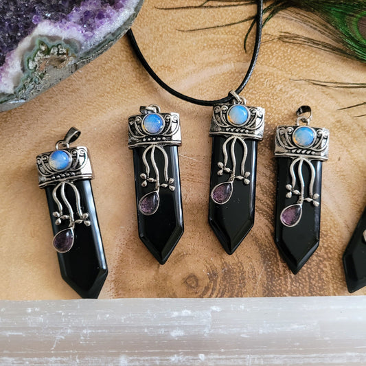 Black Obsidian Sword Pendant necklace with amethyst and opalite, crystal healing protection jewellery for men or women witchy jewelry