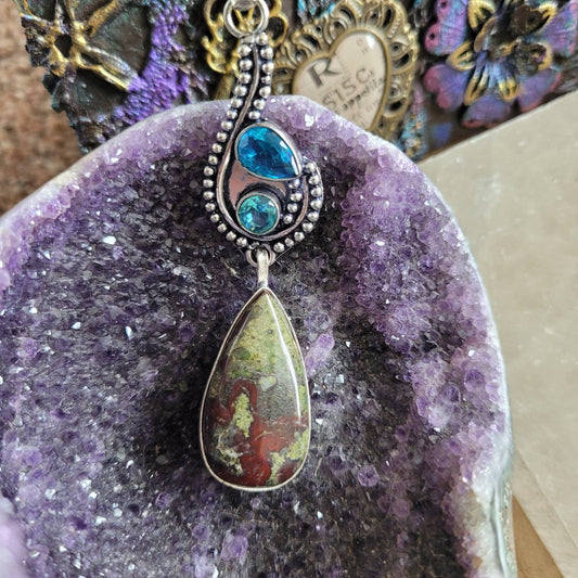 Dragons blood jasper and blue topaz pendant necklace 925 silver crystal healing protection amulet natural stone gift for him or her