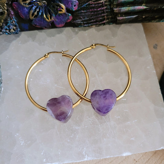 Amethyst heart hoop earrings witchy jewellery gypsy jewellery gift for her crystal healing protection jewelry for women