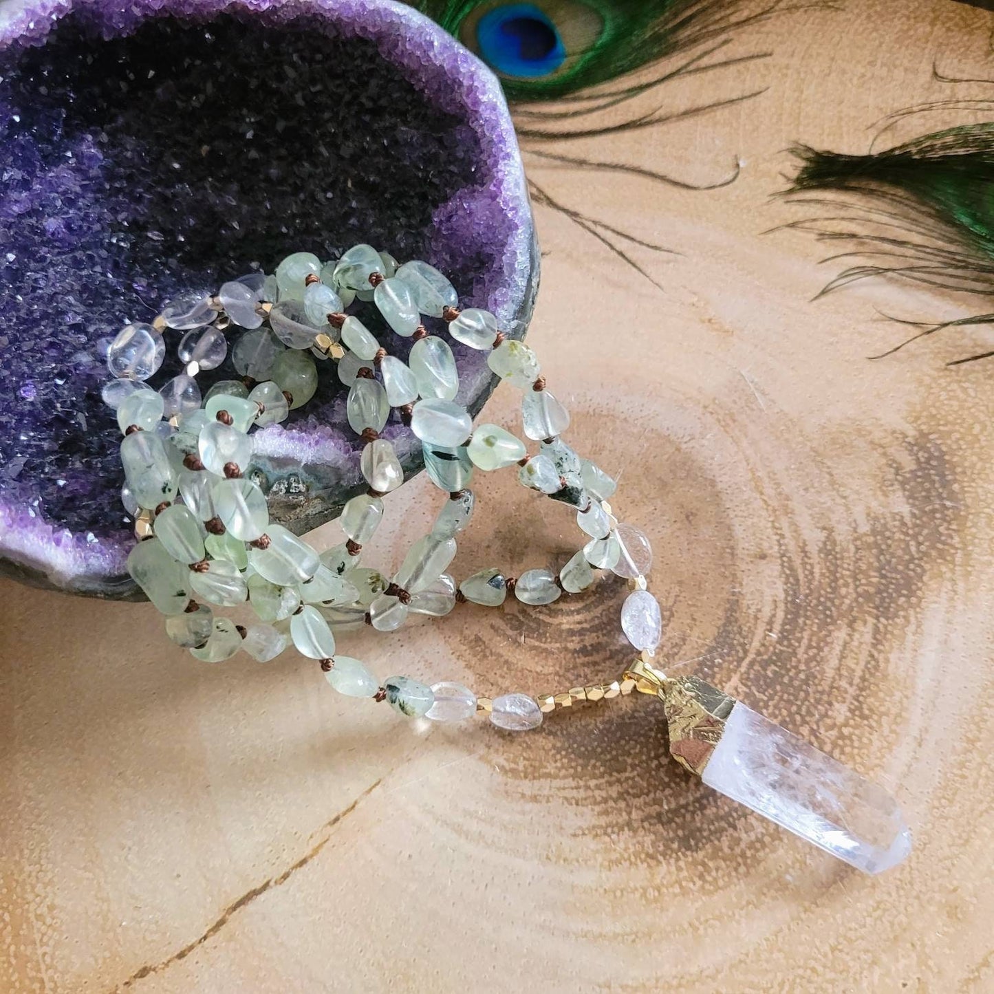 Prehnite necklace with Clear Quartz point pendant gift for him or her heart chakra jewellery for men or women witchy jewelry