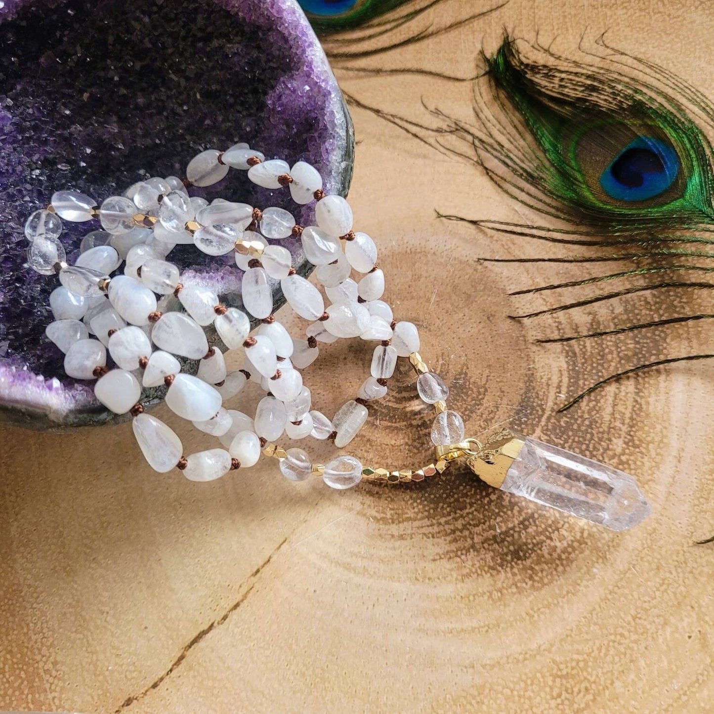 White moonstone necklace with clear quartz point pendant knotted mala crystal healing natural stone gift for her witchy jewellery for women