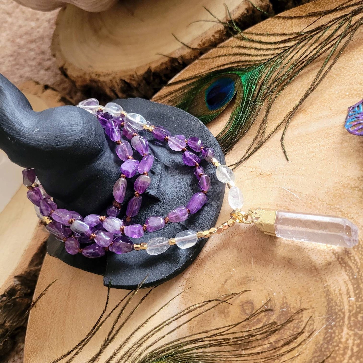 Amethyst necklace Knotted with Raw Clear Quartz Point crystal healing mala gift for her third eye jewellery for women