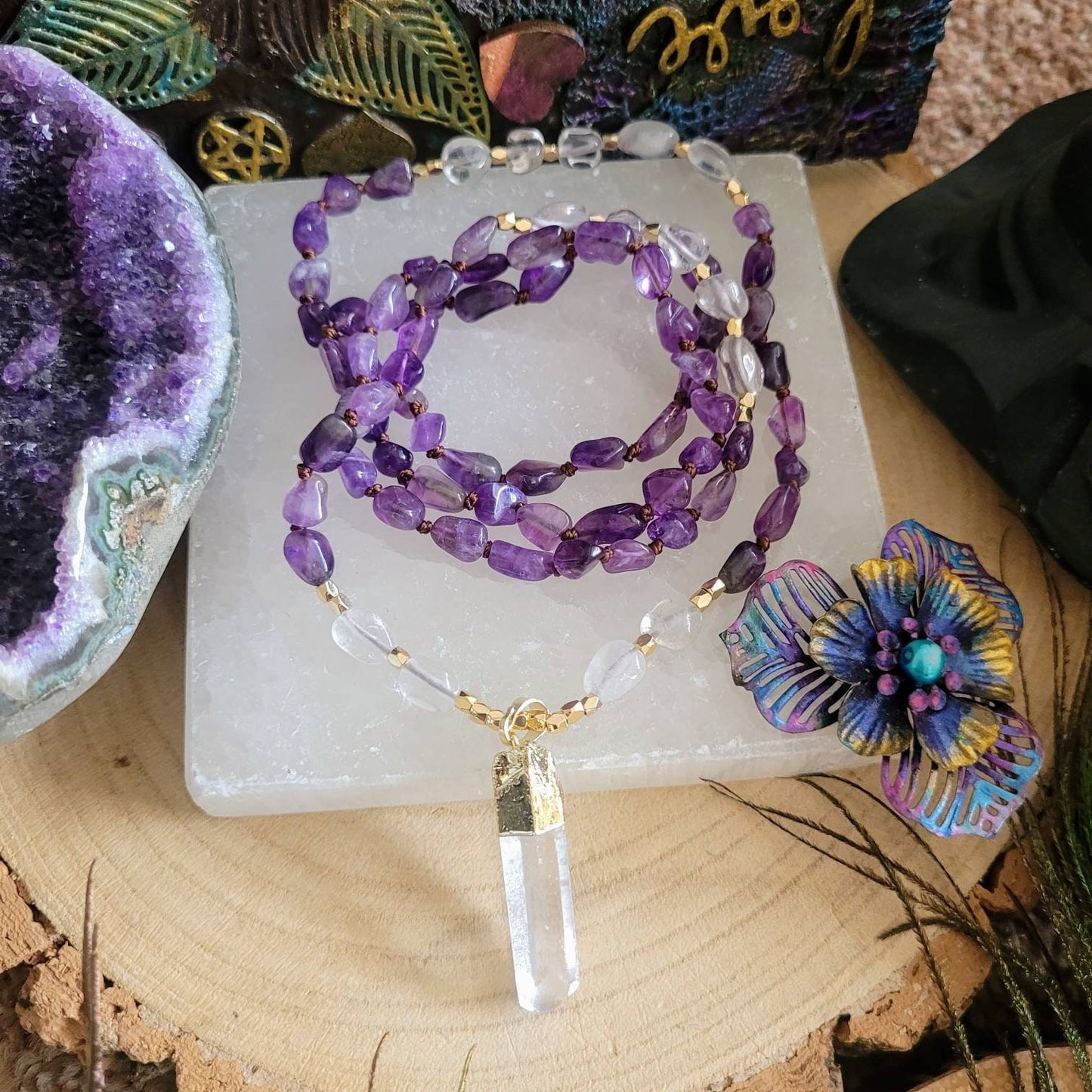 Amethyst necklace Knotted with Raw Clear Quartz Point crystal healing mala gift for her third eye jewellery for women