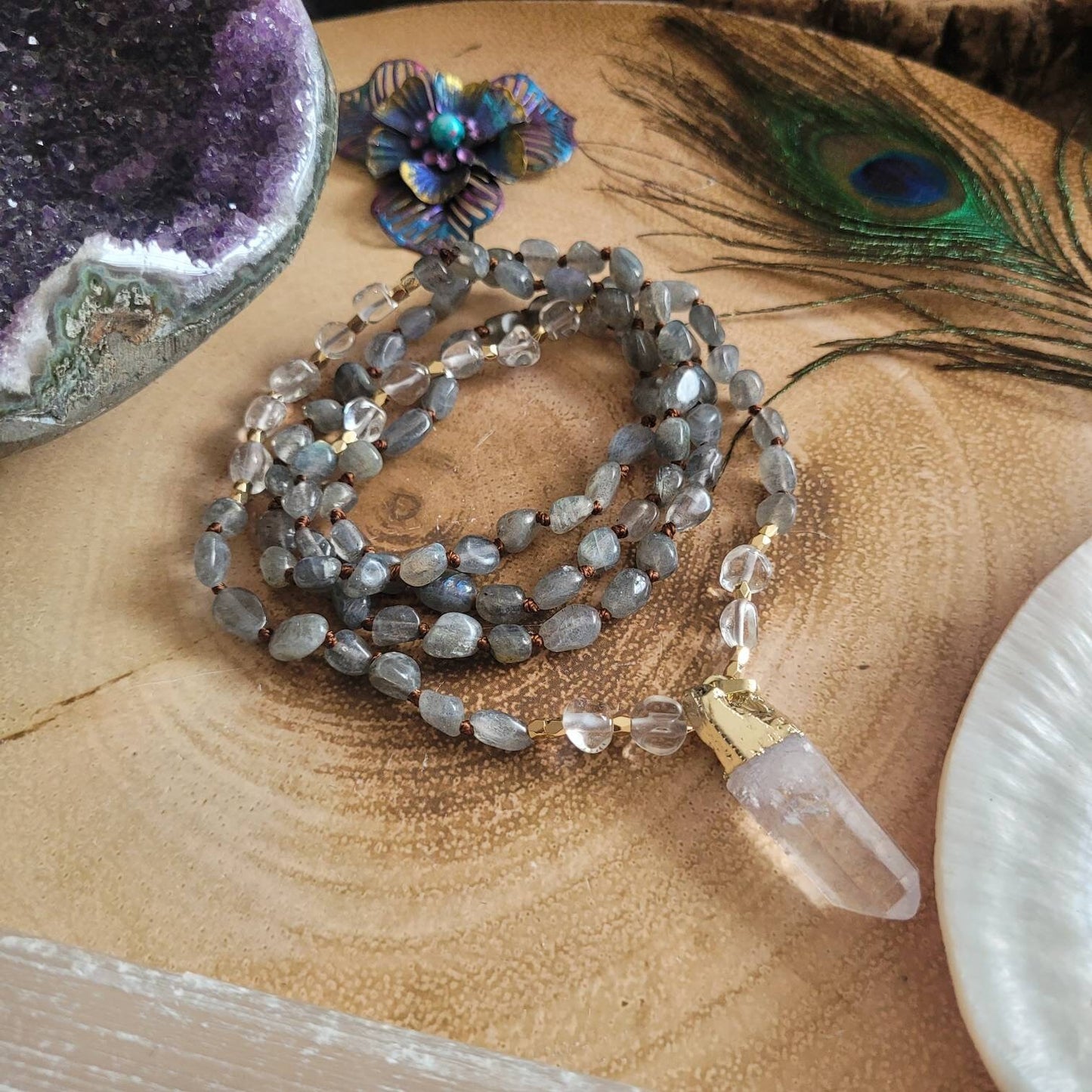 Labradorite necklace with clear quartz point pendant knotted mala crystal healing natural stone gift for her witchy jewellery for women