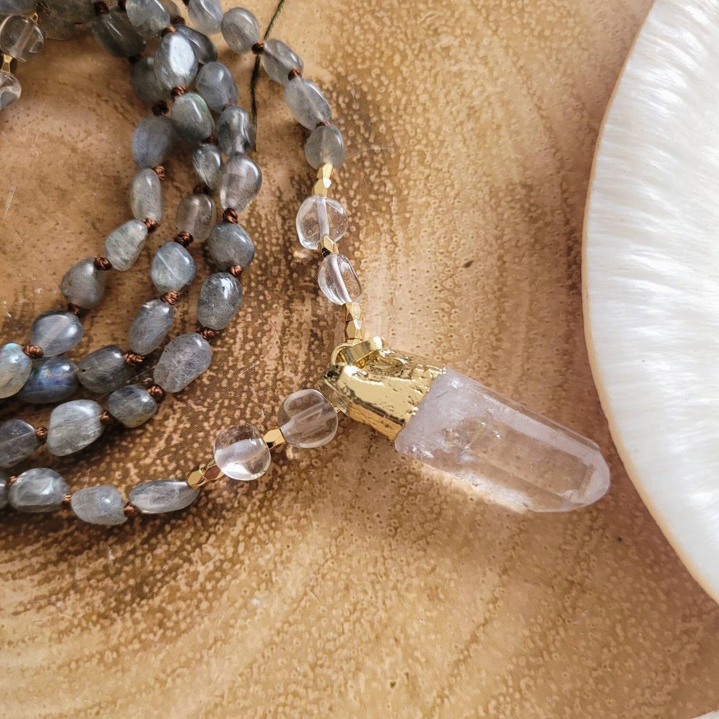 Labradorite necklace with clear quartz point pendant knotted mala crystal healing natural stone gift for her witchy jewellery for women