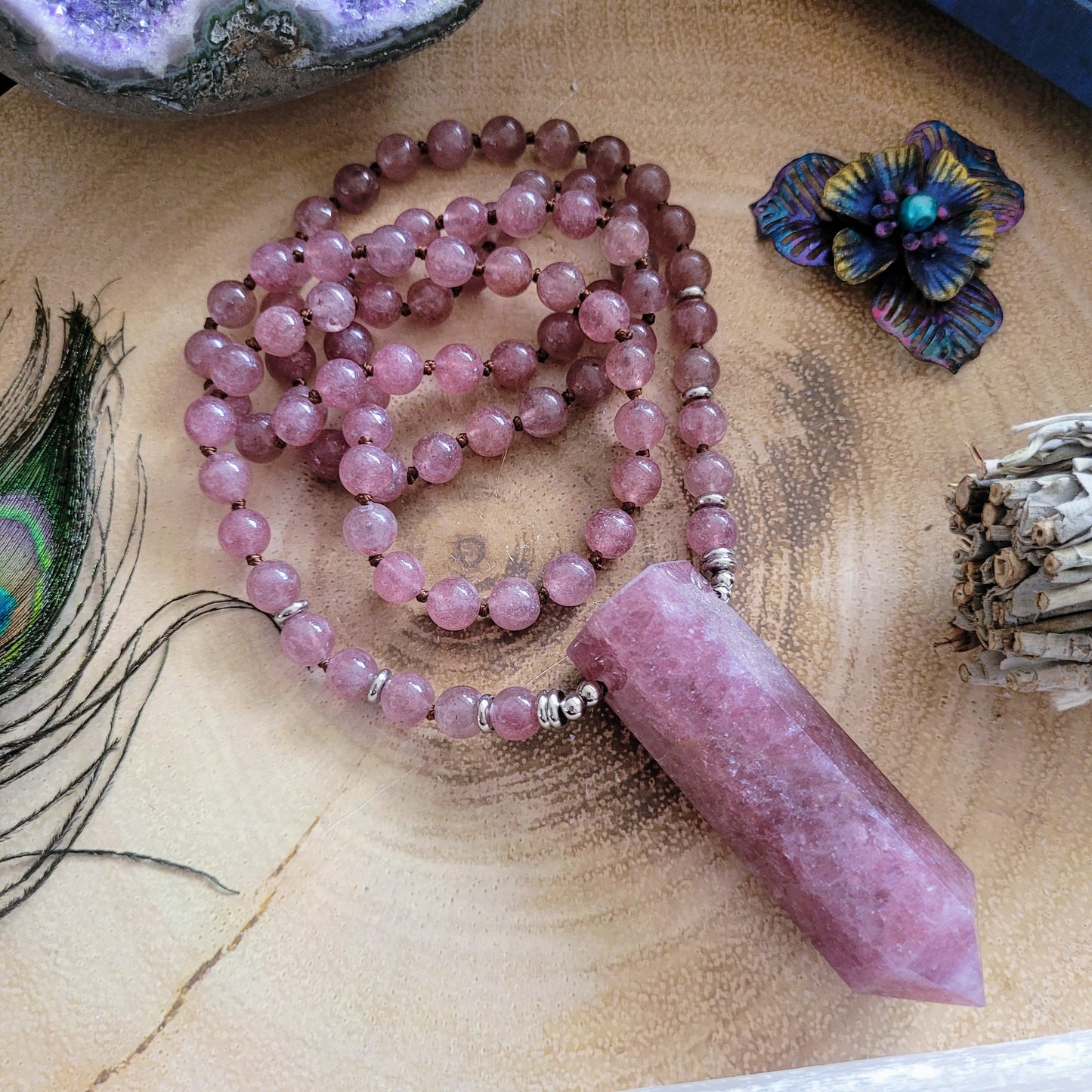 Strawberry quartz necklace with large point pendant knotted Crystal healing gift for her jewellery for women witchy jewelry