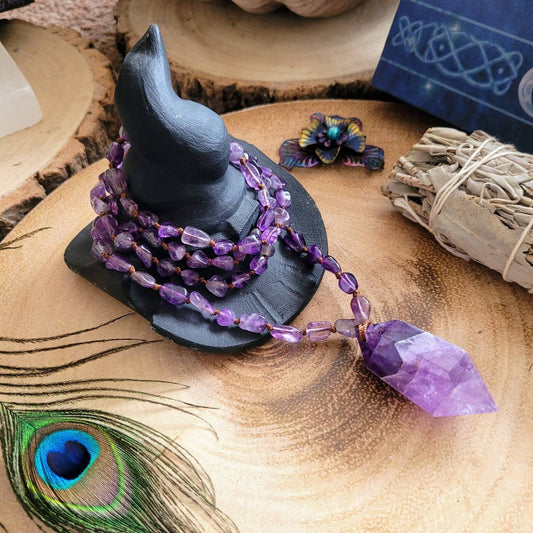 Amethyst Knotted Mala Necklace with double terminated Point crystal healimg gift for her third eye chakra jewellery for men or women