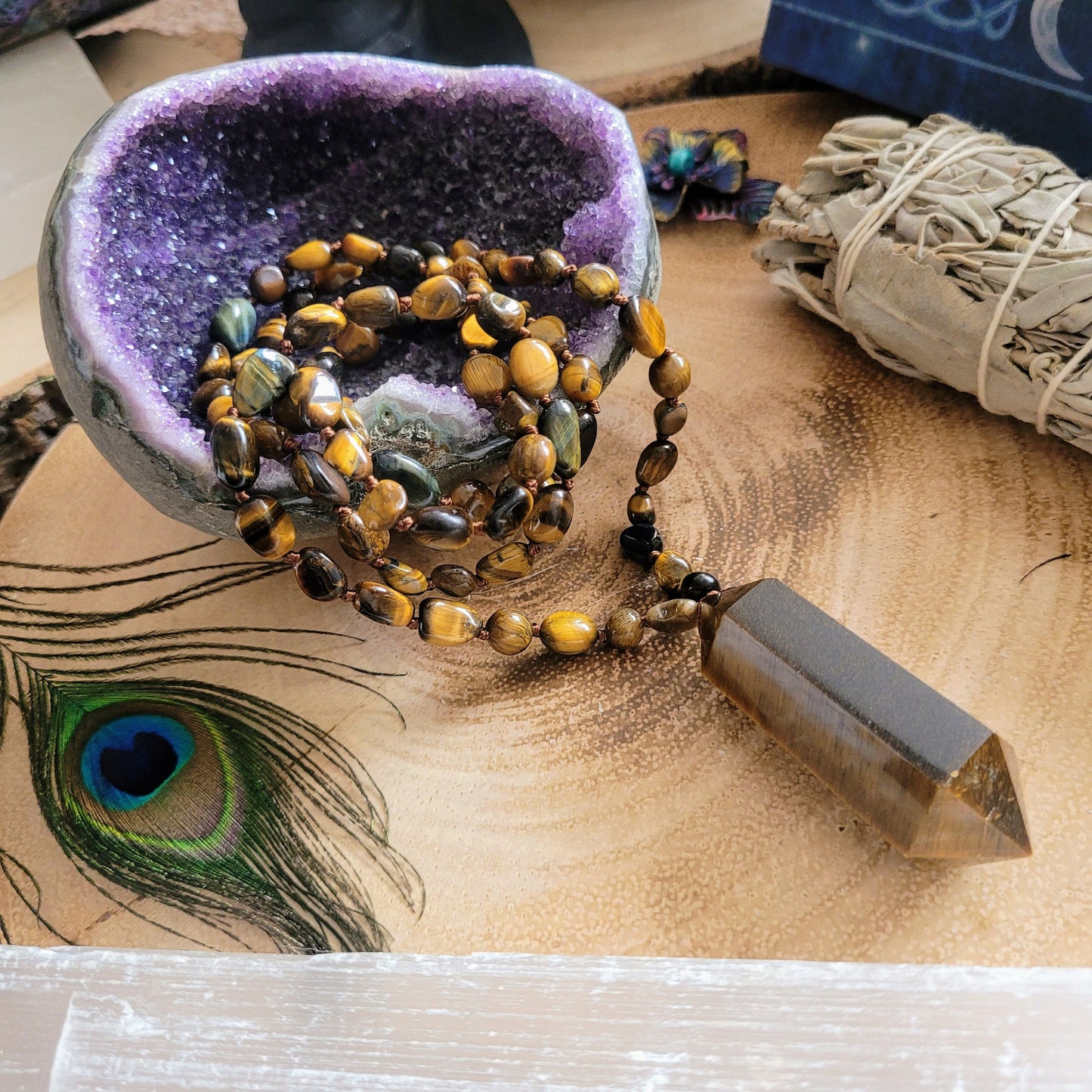 Tigers eye Knotted Mala Necklace with double terminated Point crystal healing gift for him or her root chakra jewellery for men or women