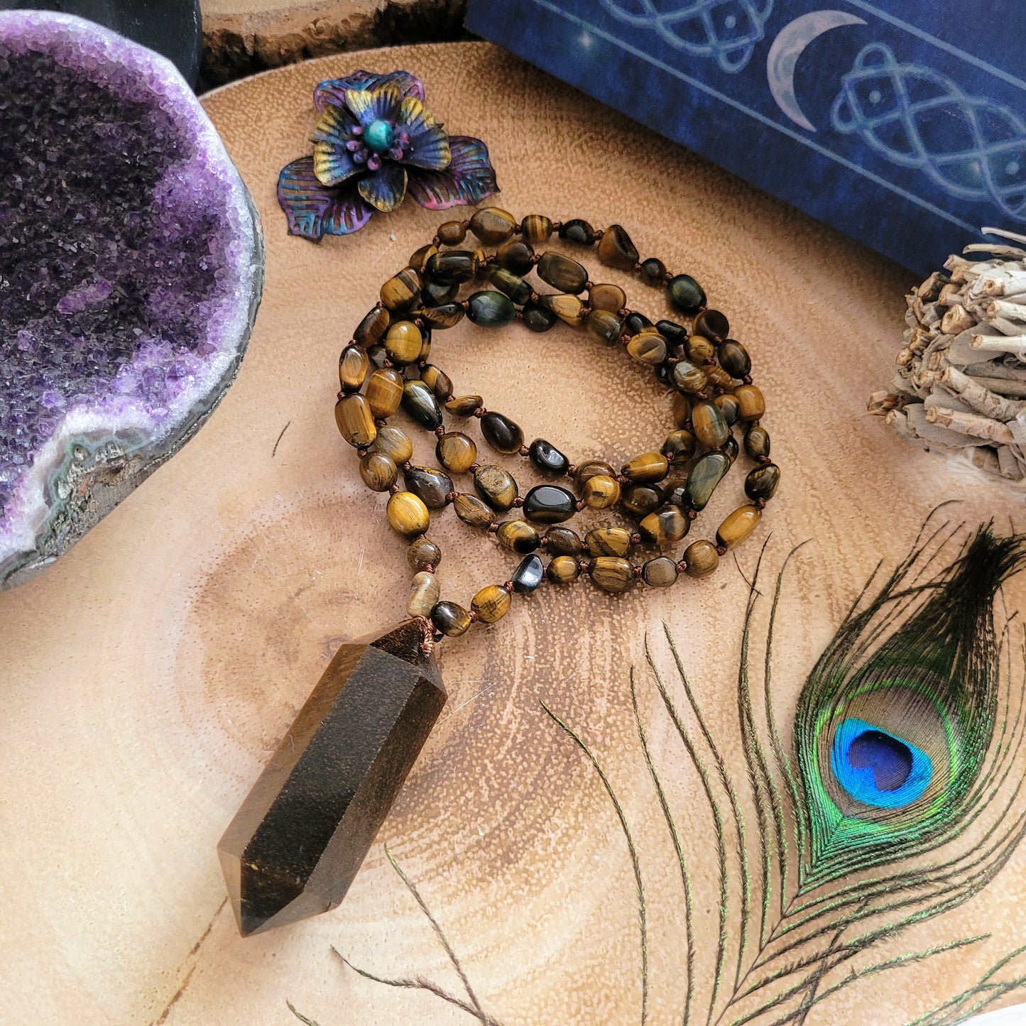 Tigers eye Knotted Mala Necklace with double terminated Point crystal healing gift for him or her root chakra jewellery for men or women