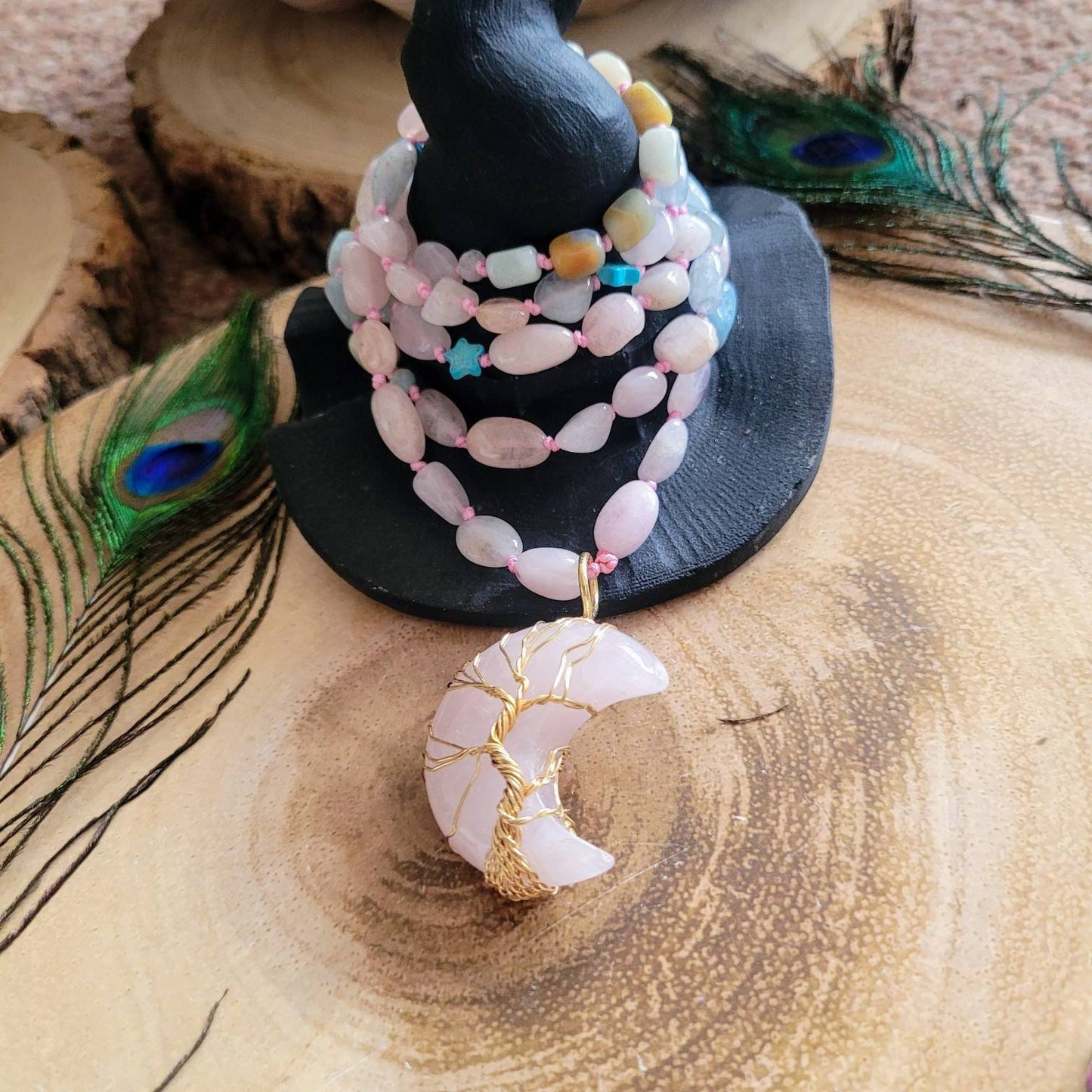 Morganite necklace with rose Quartz and aquamarine Knotted with moon pendant wire wrapped Crystal healing witchy gift for her