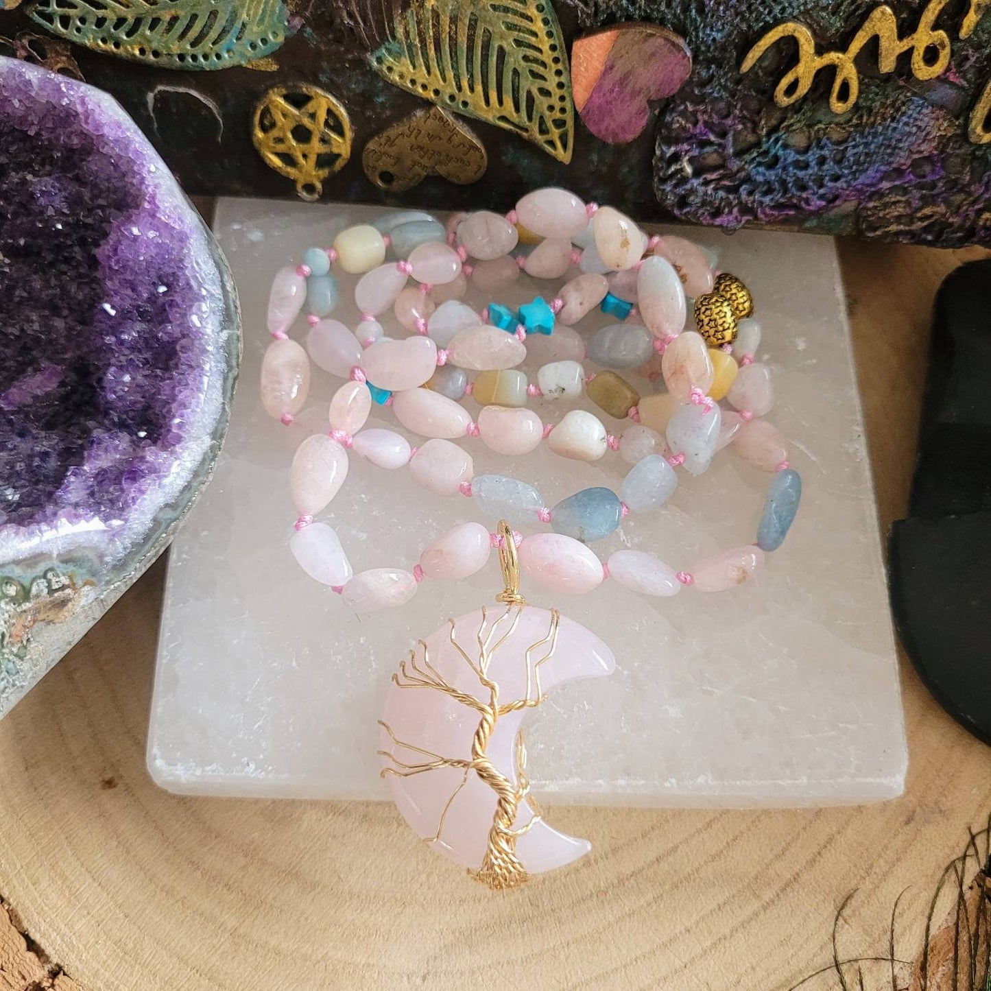 Morganite necklace with rose Quartz and aquamarine Knotted with moon pendant wire wrapped Crystal healing witchy gift for her