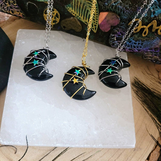 Black obsidian moon necklace pendant with star charm crystal healing natural stone celestial witchy jewellery for women gift for her