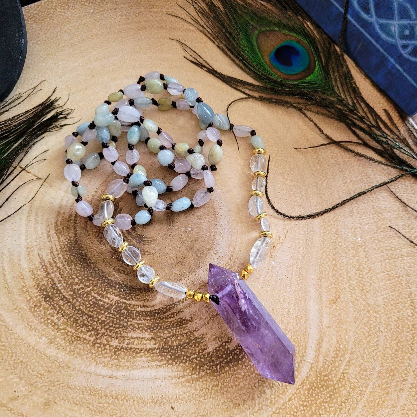 Morganite necklace with amethyst point pendant Crystal healing witchy jewellery gift for her jewelry for women