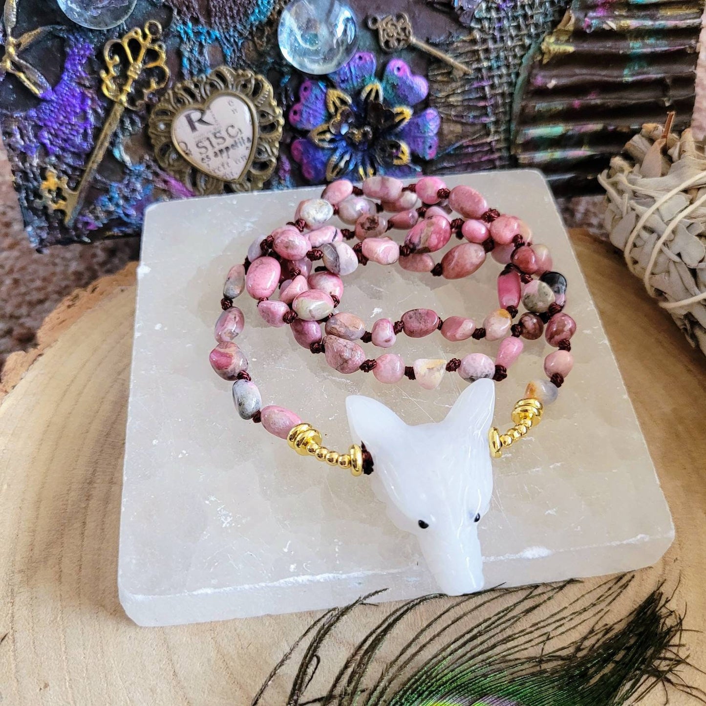 Rhodonite necklace with white jade wolf head knotted Crystal healing jewellery gift for her natural stone witchy jewelry