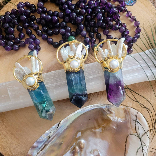 Amethyst necklace with rainbow fluorite and pearl point pendant natural stone witchy jewellery for women gift for her crystal healing