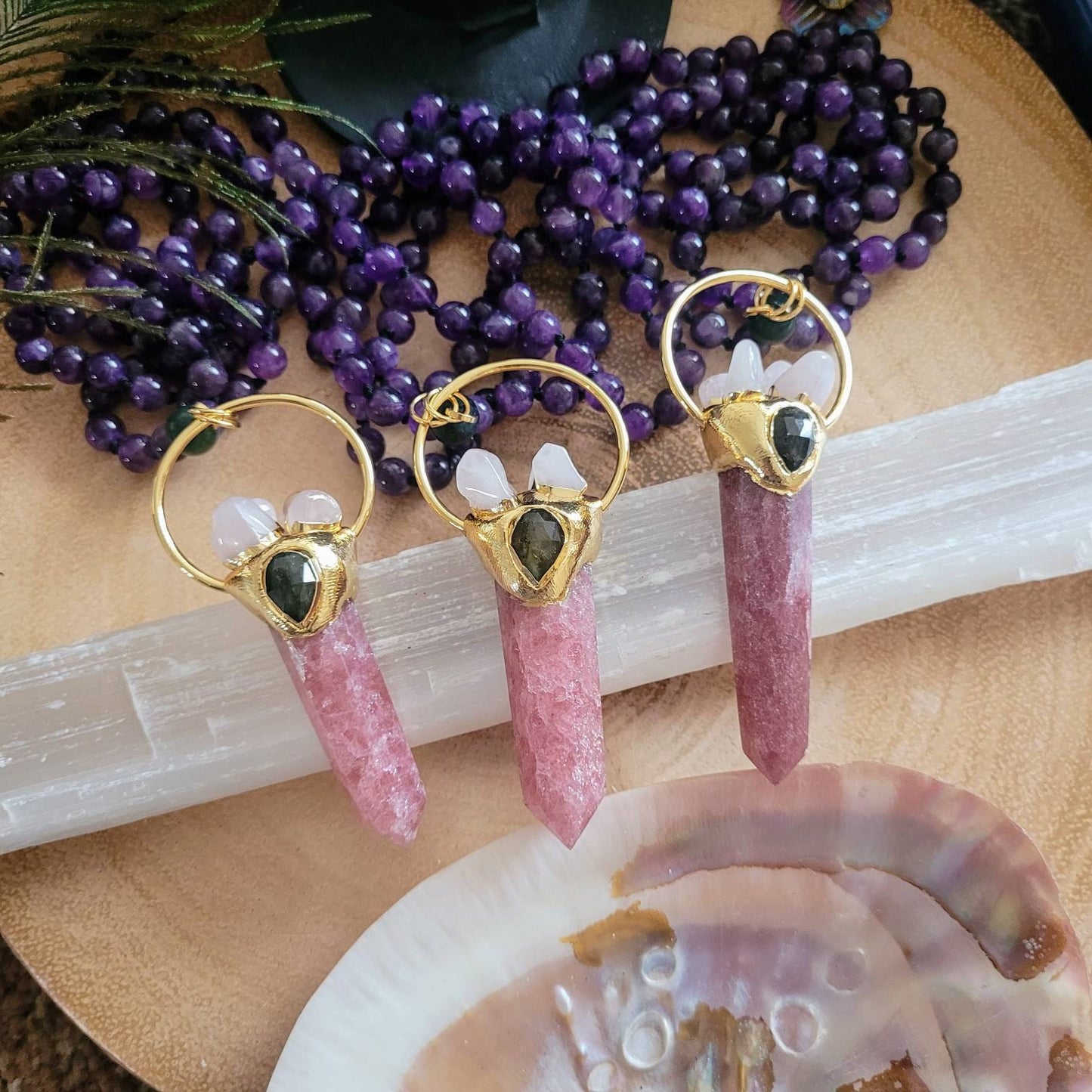 Amethyst knotted necklace with strawberry quartz point pendat natural stone crystal healing witchy jewellery for her gemstone gift for her