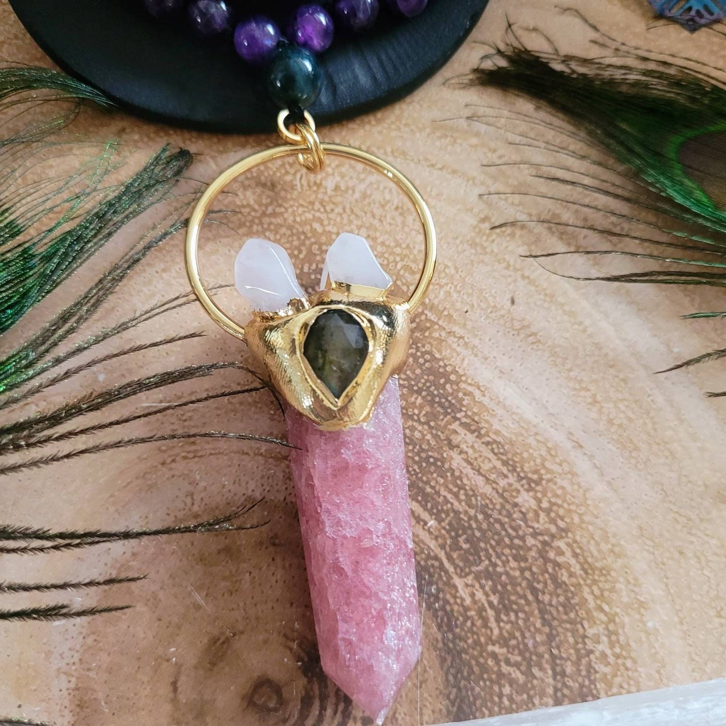 Amethyst knotted necklace with strawberry quartz point pendat natural stone crystal healing witchy jewellery for her gemstone gift for her