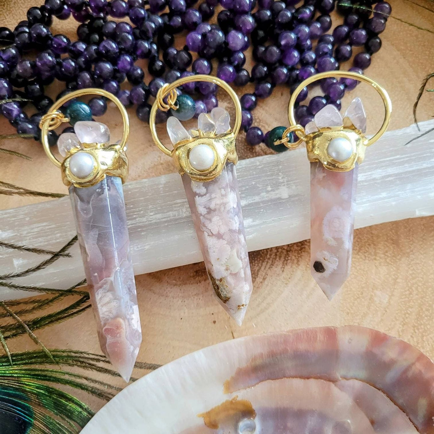 Amethyst knotted necklace flower agate point pendant natural stone crystal healing jewelry witchy statement jewellery gift for her