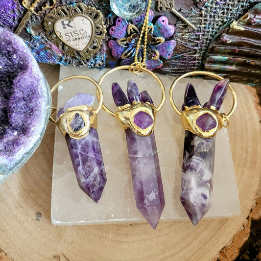 Amethyst pendant necklace large wand point crystal healing gift for him or her  witchy jewelry for women or men third eye chakra