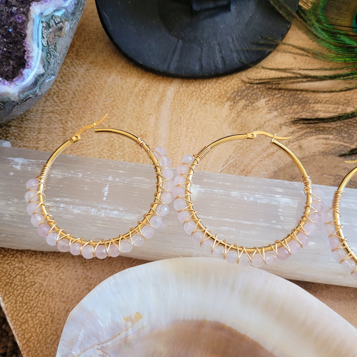 Rose Quartz Hoop Earrings crystal healing natural stone - Self Love, Attract Love, Inner Peace, Purity, Gift, Crystal gift for her witchy