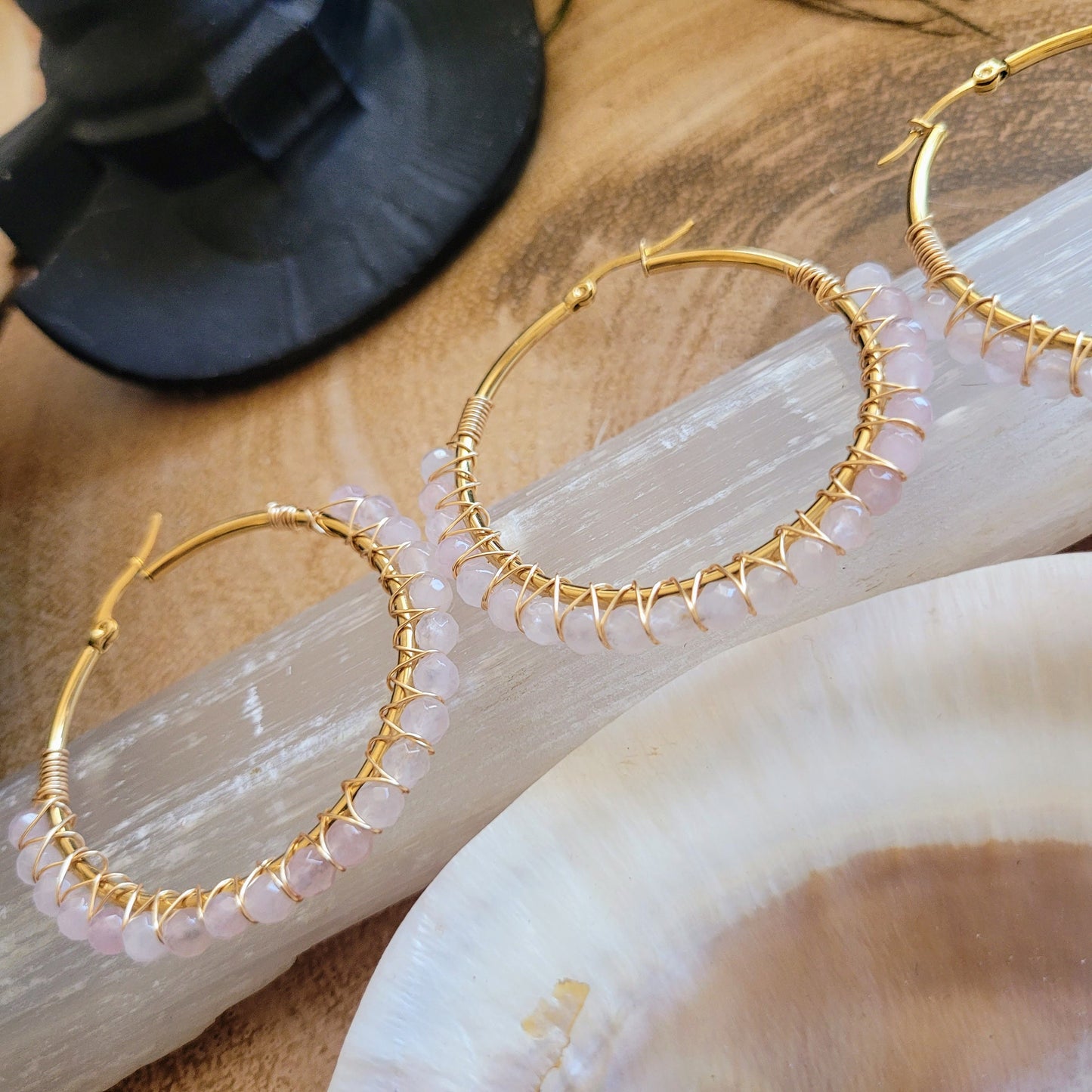 Rose Quartz Hoop Earrings crystal healing natural stone - Self Love, Attract Love, Inner Peace, Purity, Gift, Crystal gift for her witchy