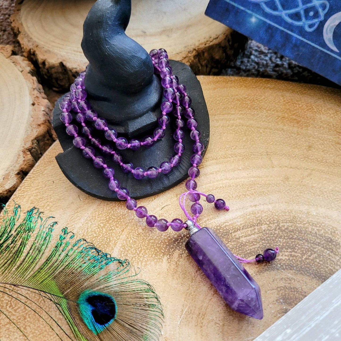 Amethyst Necklace knotted with an amethyst point perfume bottle aromatherapy crystal healing February  birthstone jewellery gift for her